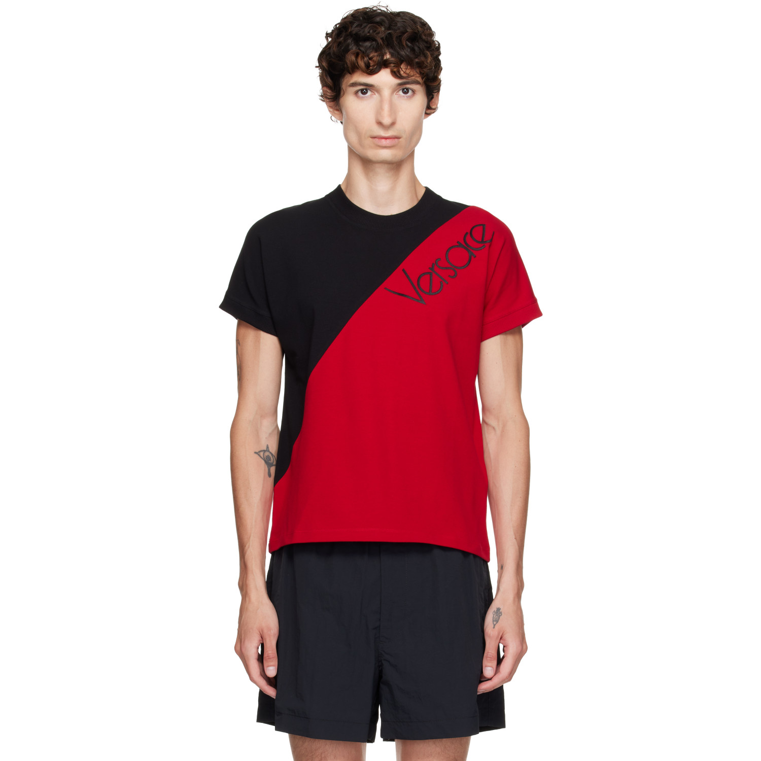 Versace Black & Red Embroidered-Logo Slim T-shirt
