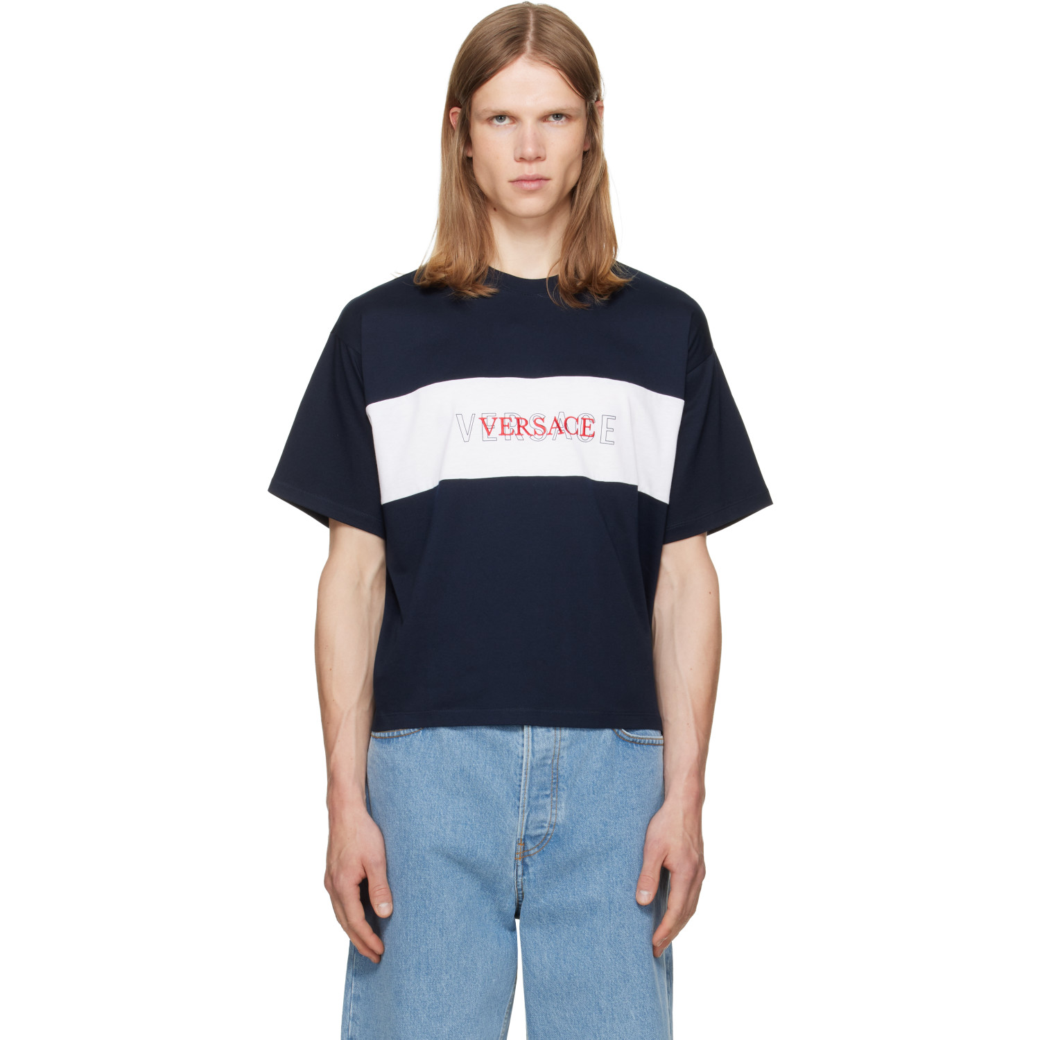 Versace Navy Intarsia Cotton-Jersey Regular T-shirt