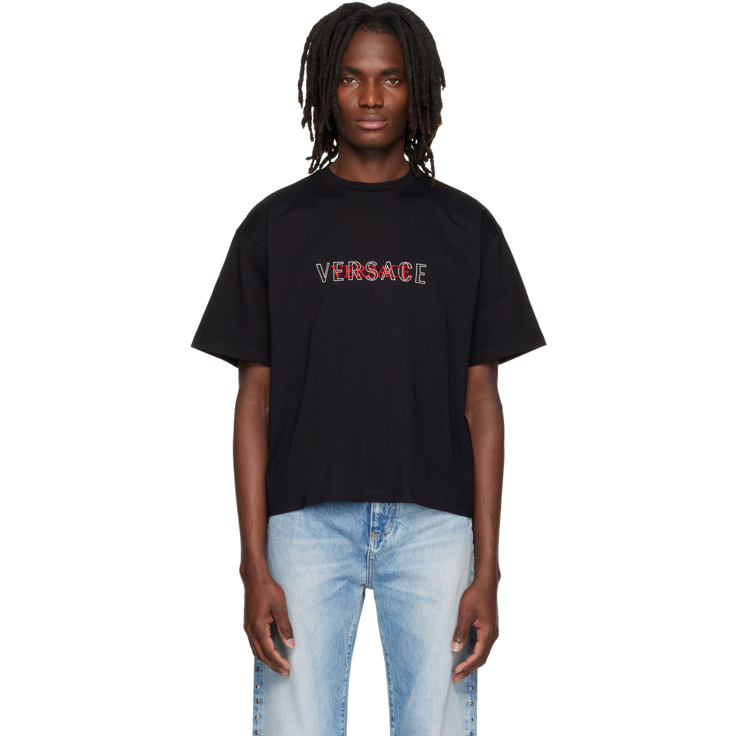 Versace Black Embroidered-Logo Cotton-Jersey Regular T-shirt