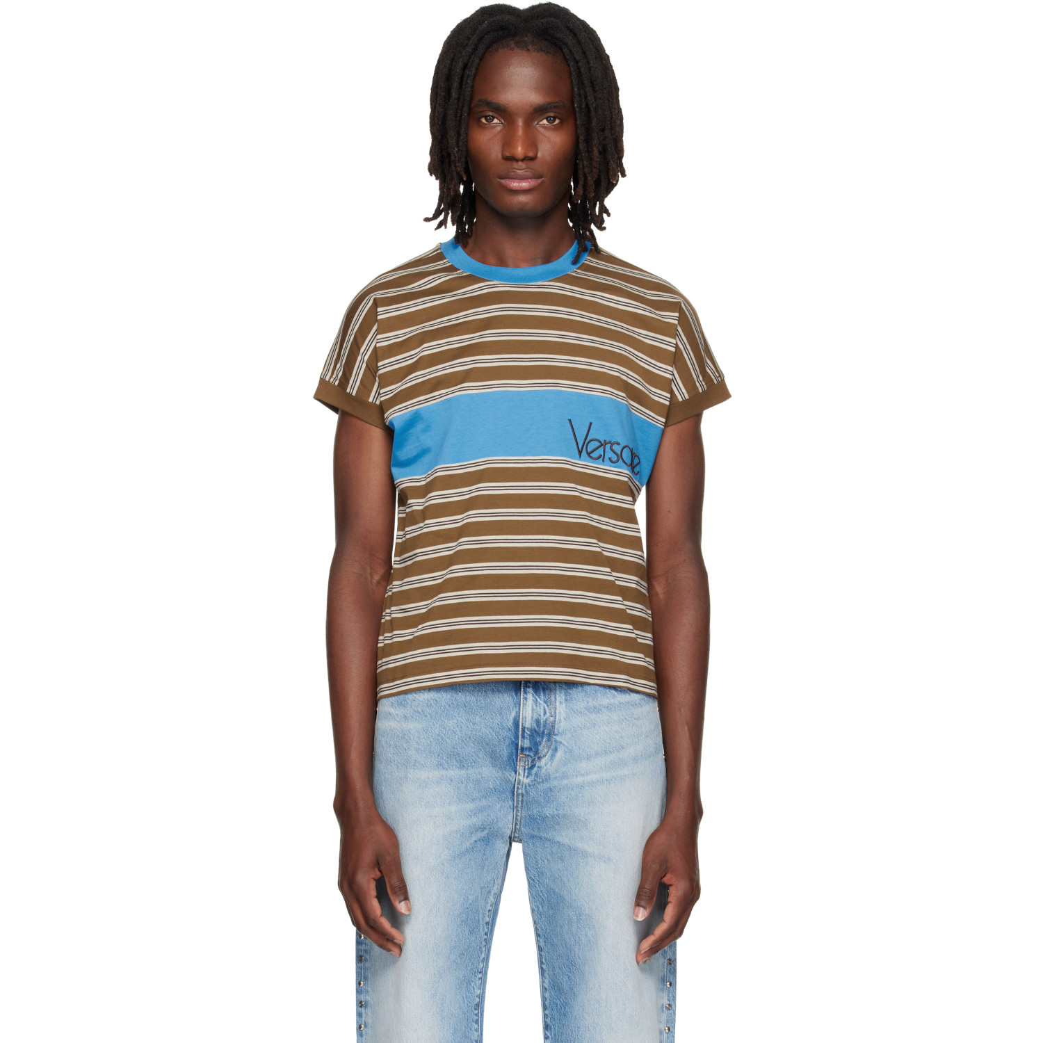 Versace Brown Embroidered-Logo Striped-Intarsia Cotton T-shirt