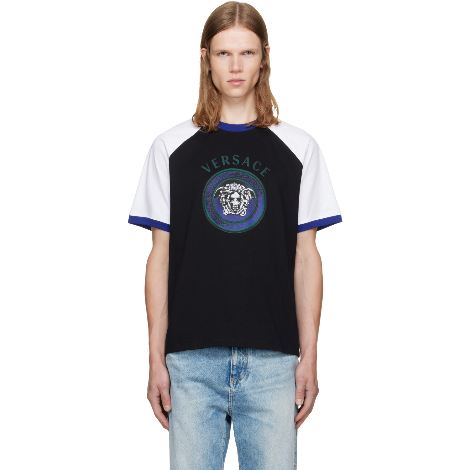 Versace Black & White Printed Cotton Jersey Regular T-shirt