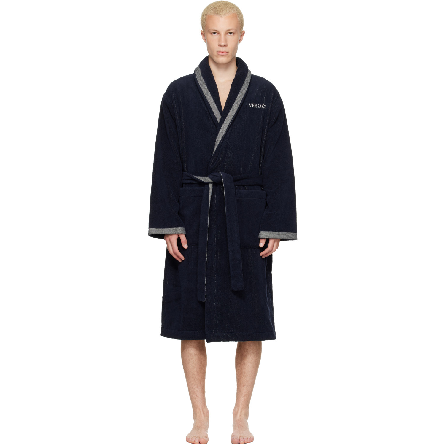 Versace Navy Cotton-Terry Jacquard Bathrobe