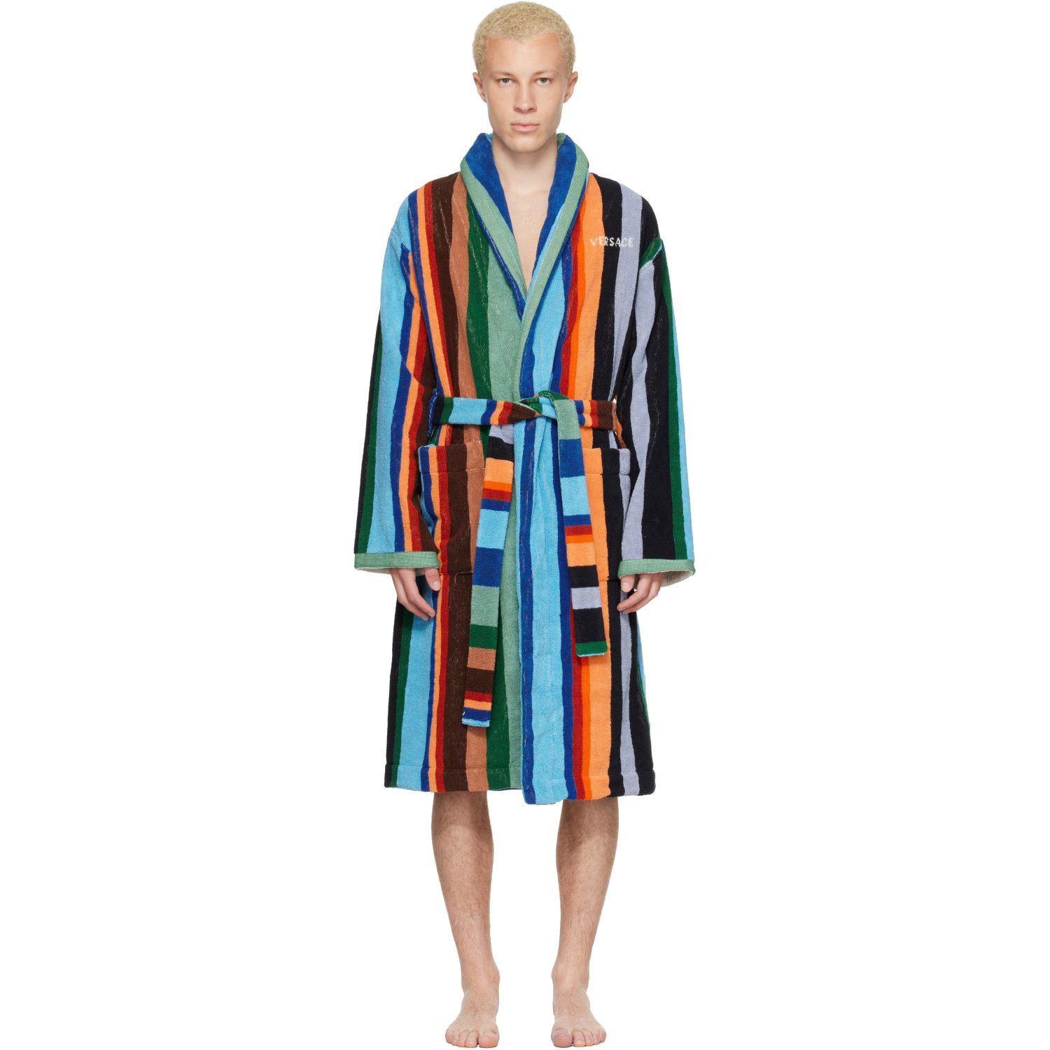 Versace Multicolor Striped Cotton-Terry Jacquard Bathrobe