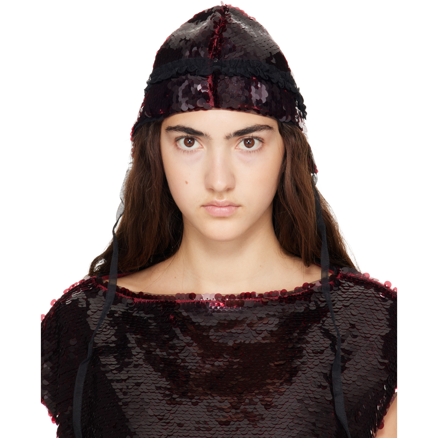 Simone Rocha Burgundy Sequin Bonnet