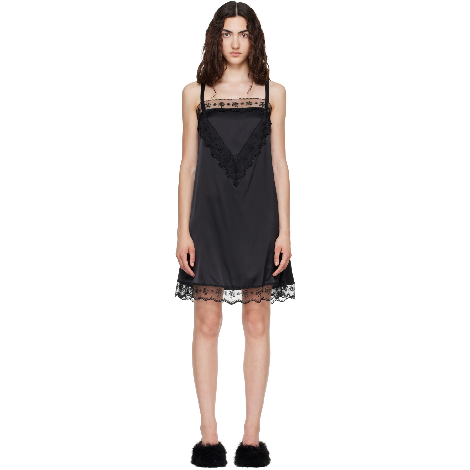 Simone Rocha Black Square Neck Lace Trim Minidress