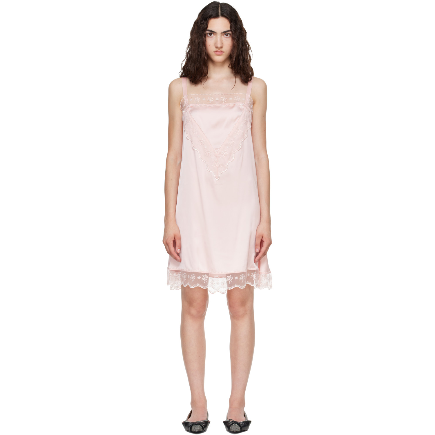 Simone Rocha Pink Square Neck Lace Trim Minidress