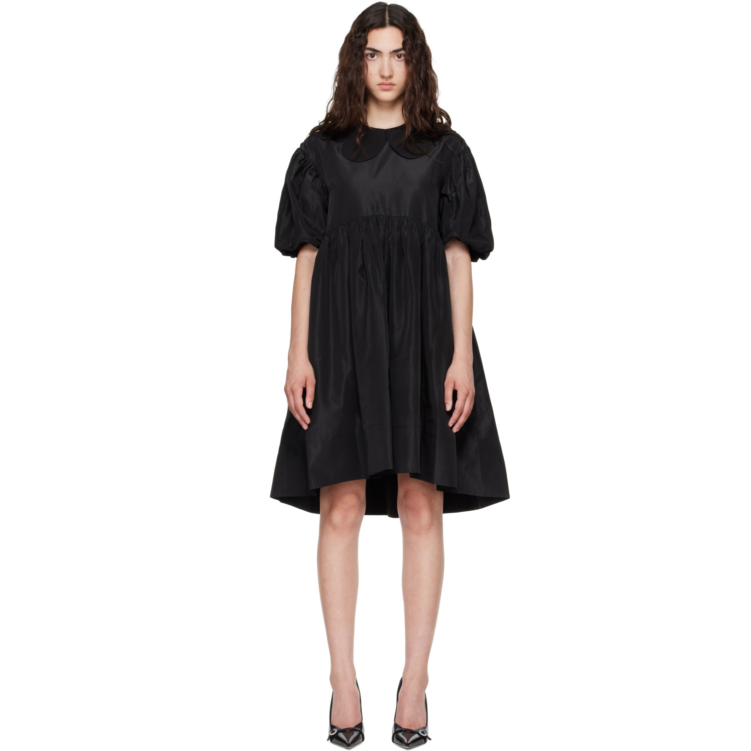 Simone Rocha Black Puff Sleeve Petal Collar Smock Minidress