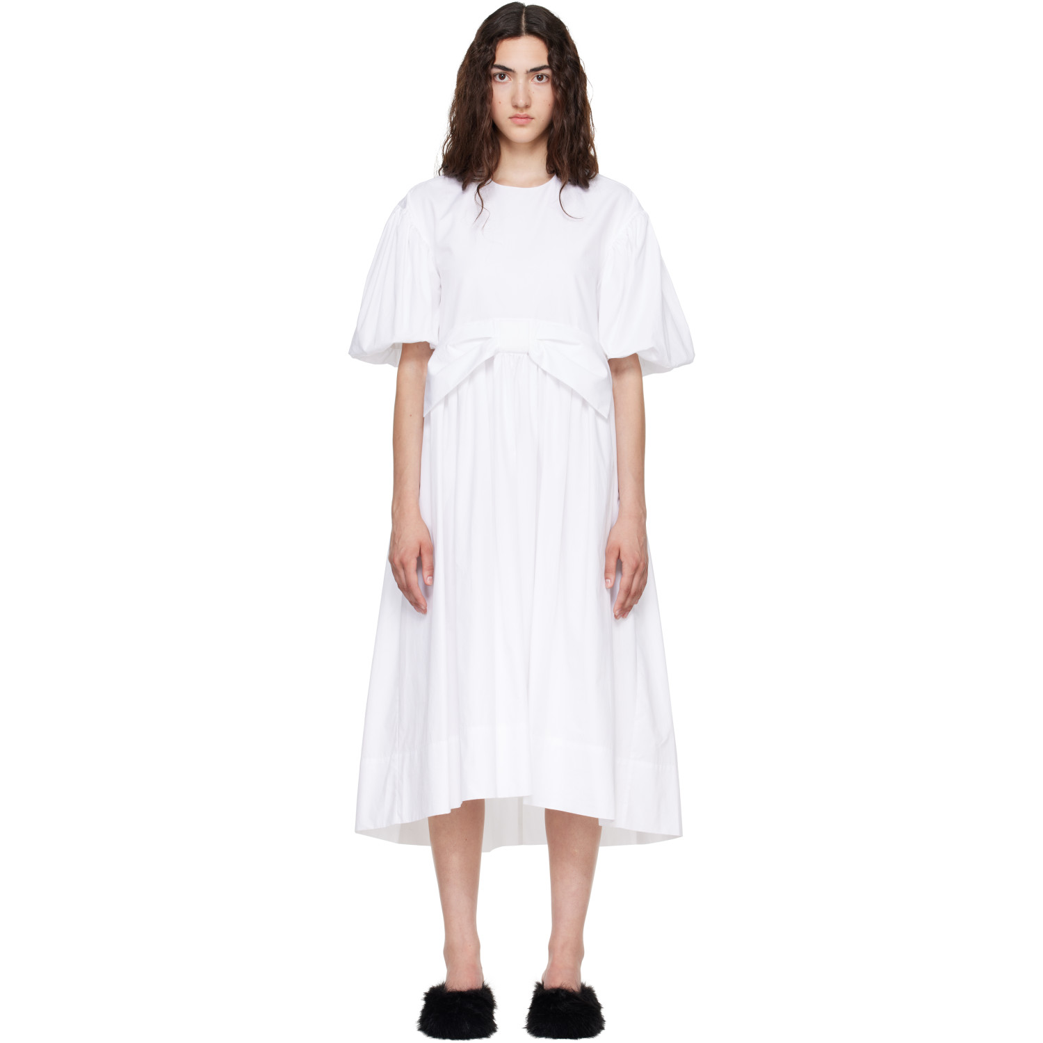 Simone Rocha White Puff Sleeve Gathered Bow Smock Midi Dress