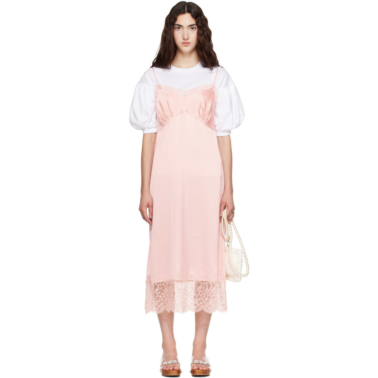 Simone Rocha Pink Lace Trim Slip Midi Dress