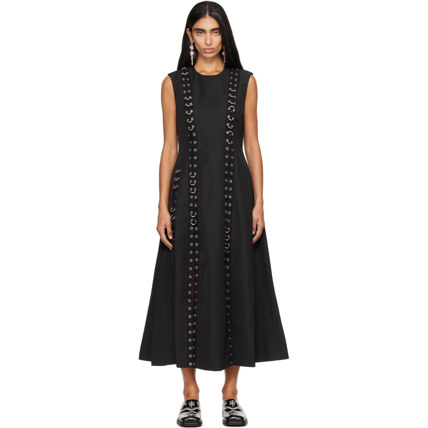 Simone Rocha Black Grommet Ring Sculpt Ripple Maxi Dress