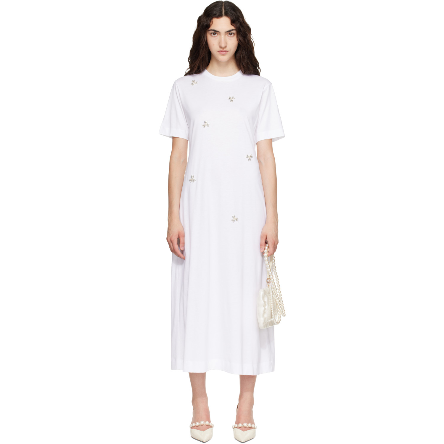 Simone Rocha White Easy Embellished T-shirt Midi Dress