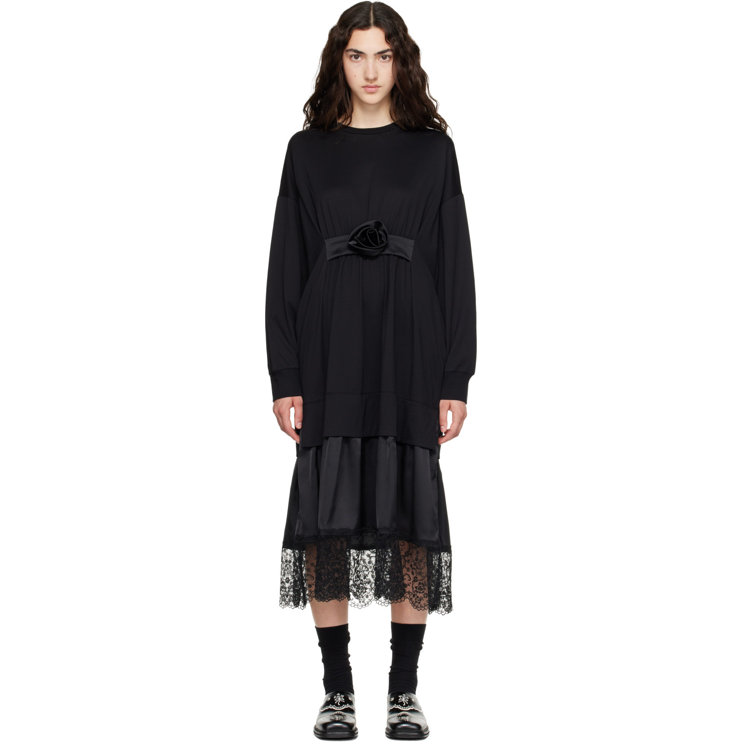 Simone Rocha Black Oversized Gathered Rose Lace Trim Midi Dress