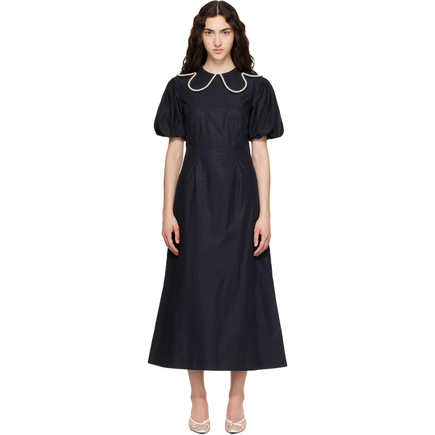 Simone Rocha Black Puff Sleeve Petal Collar Midi Dress