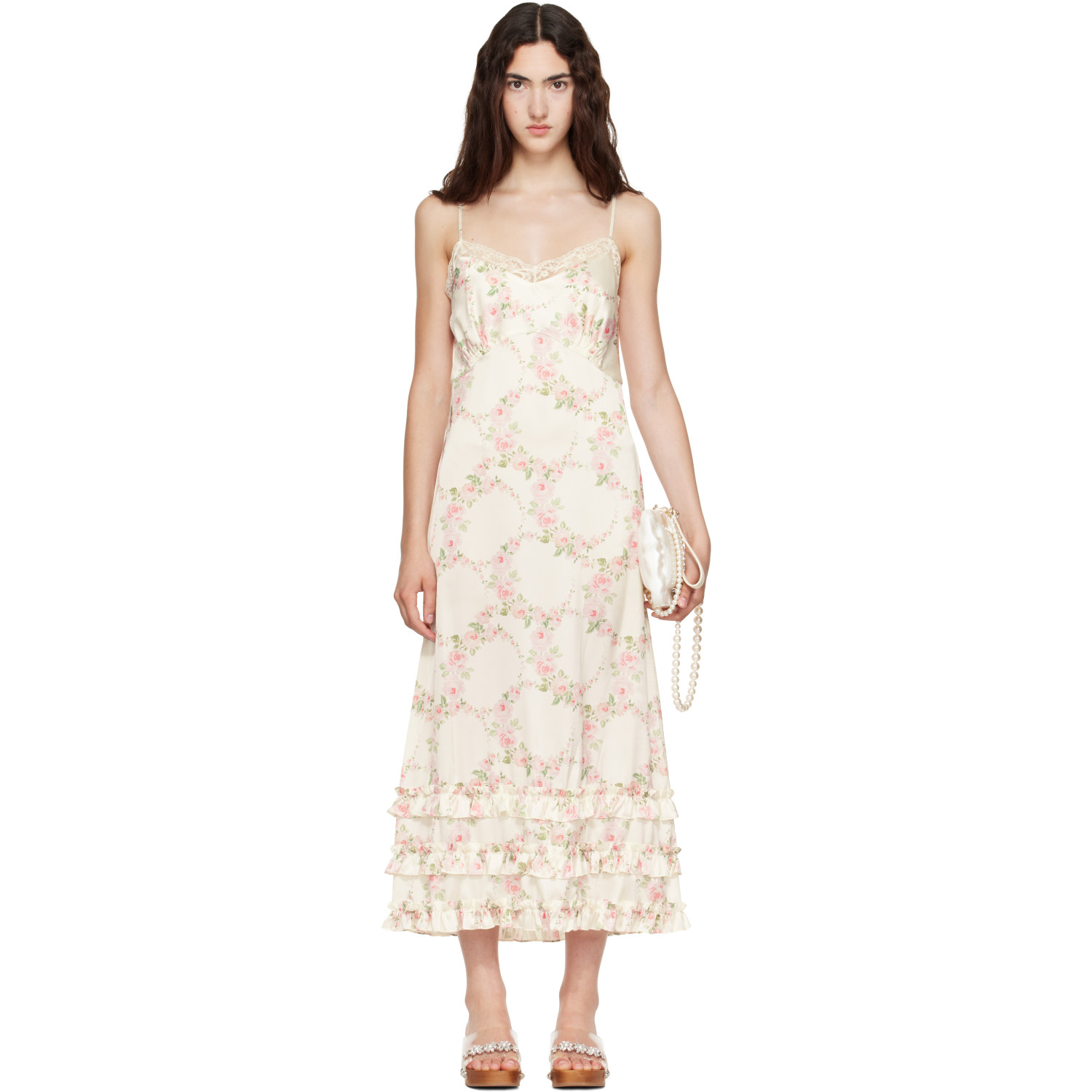Simone Rocha Off-White Ruffle Frill Hem Slip Midi Dress