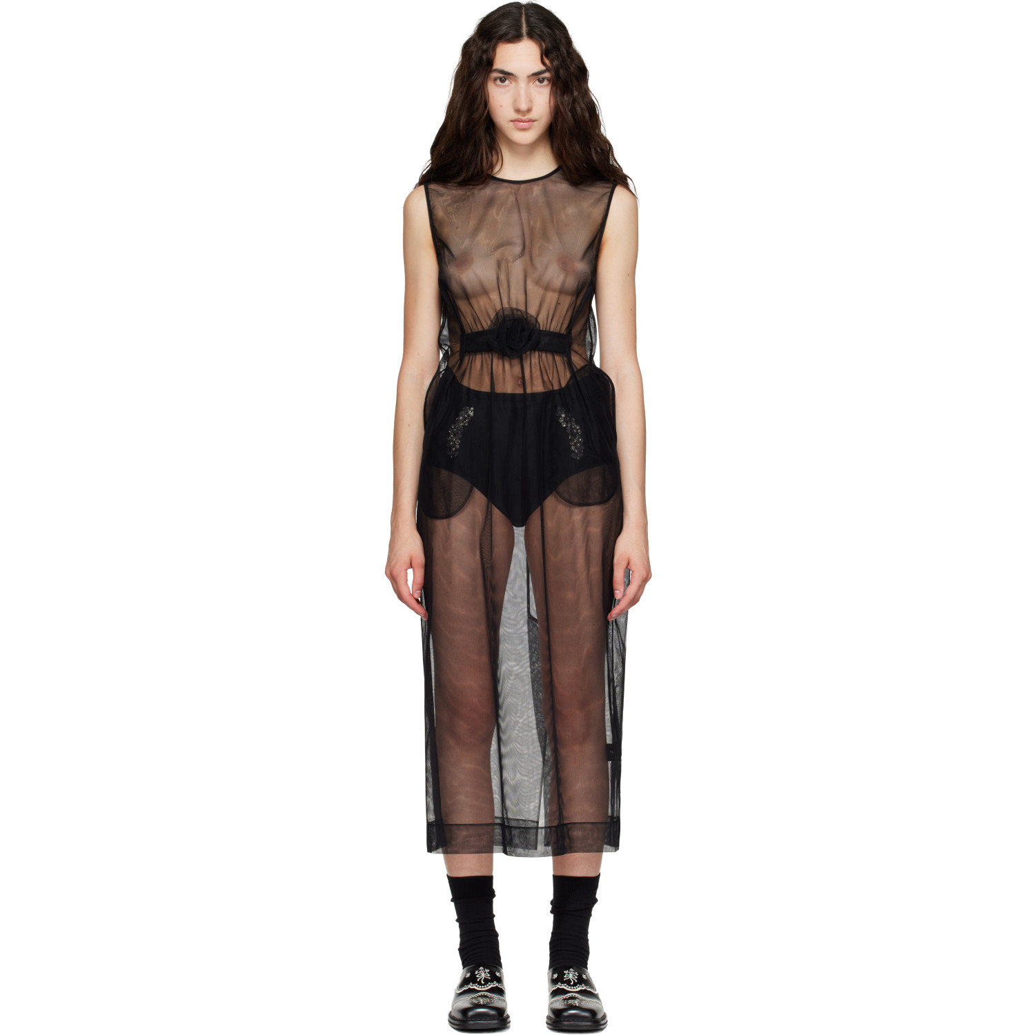 Simone Rocha Black Gathered Rose Contour Midi Dress