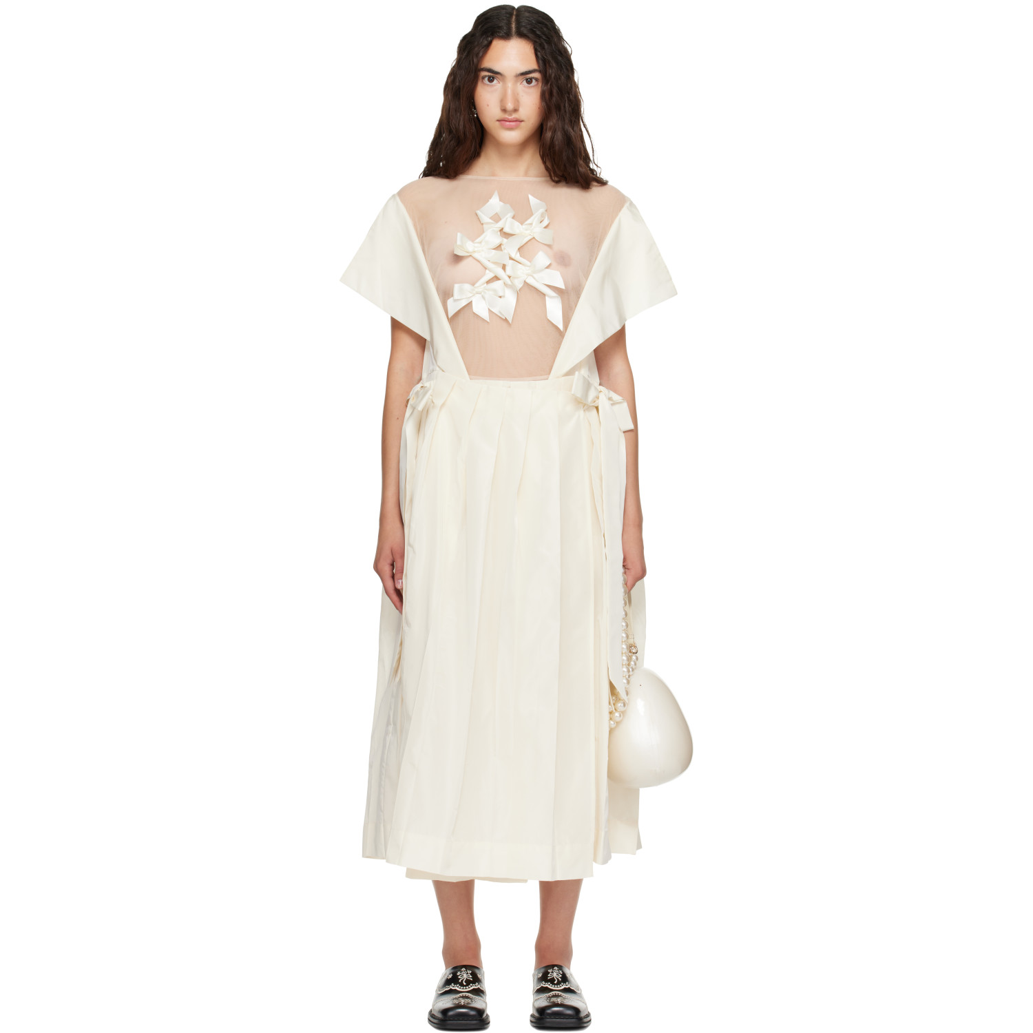 Simone Rocha Off-white Pleated Sheer Ribbon Panel Maxi Dress
