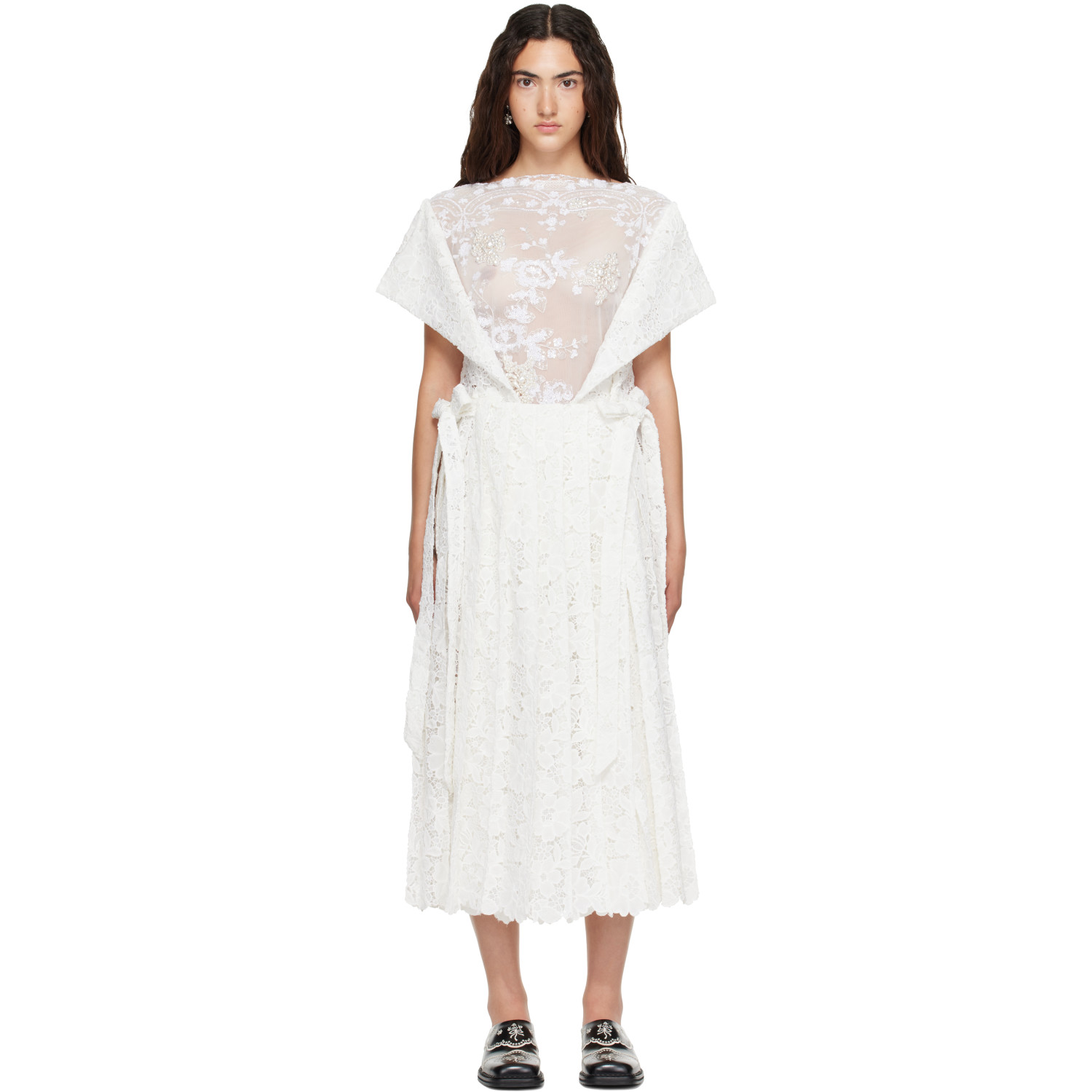 Simone Rocha White Pleated Sheer Panel Flared Maxi Dress