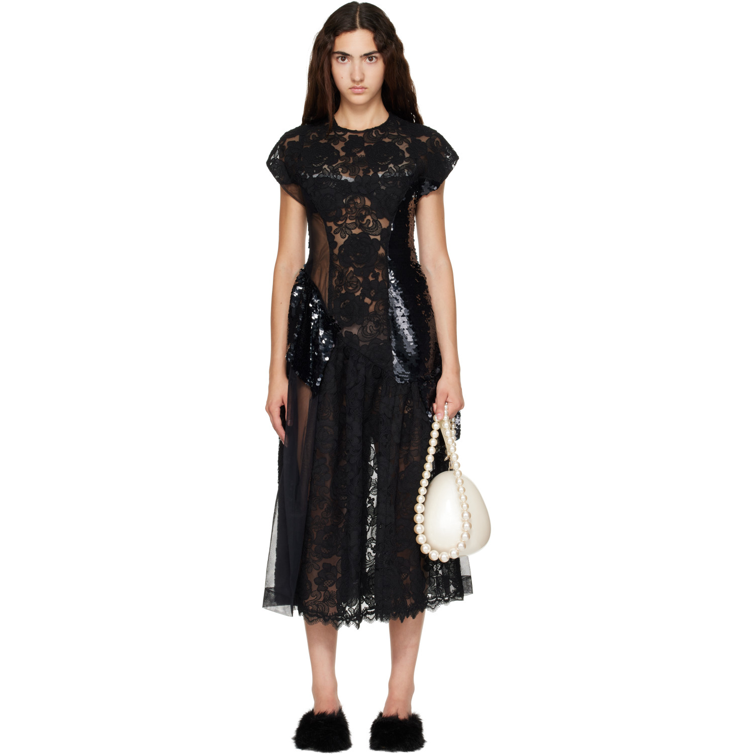 Simone Rocha Black Patchwork Cap Sleeve Ruffle Detail Midi Dress
