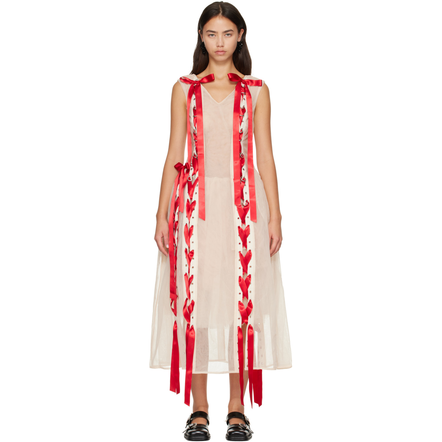 Simone Rocha Beige Unraveling Ribbon Portrait Tutu Maxi Dress