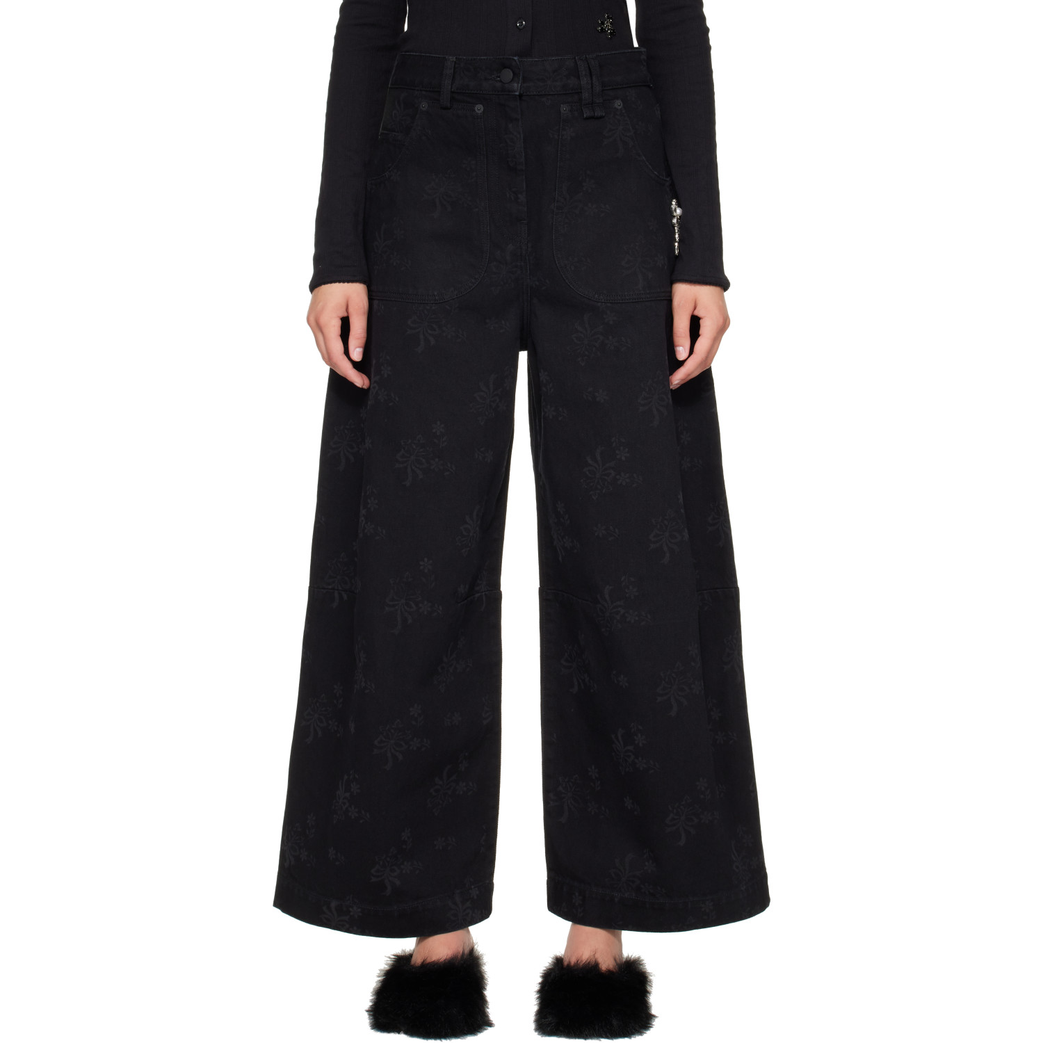 Simone Rocha Black Embellished Cropped Wide Leg Utility Curve Jeans