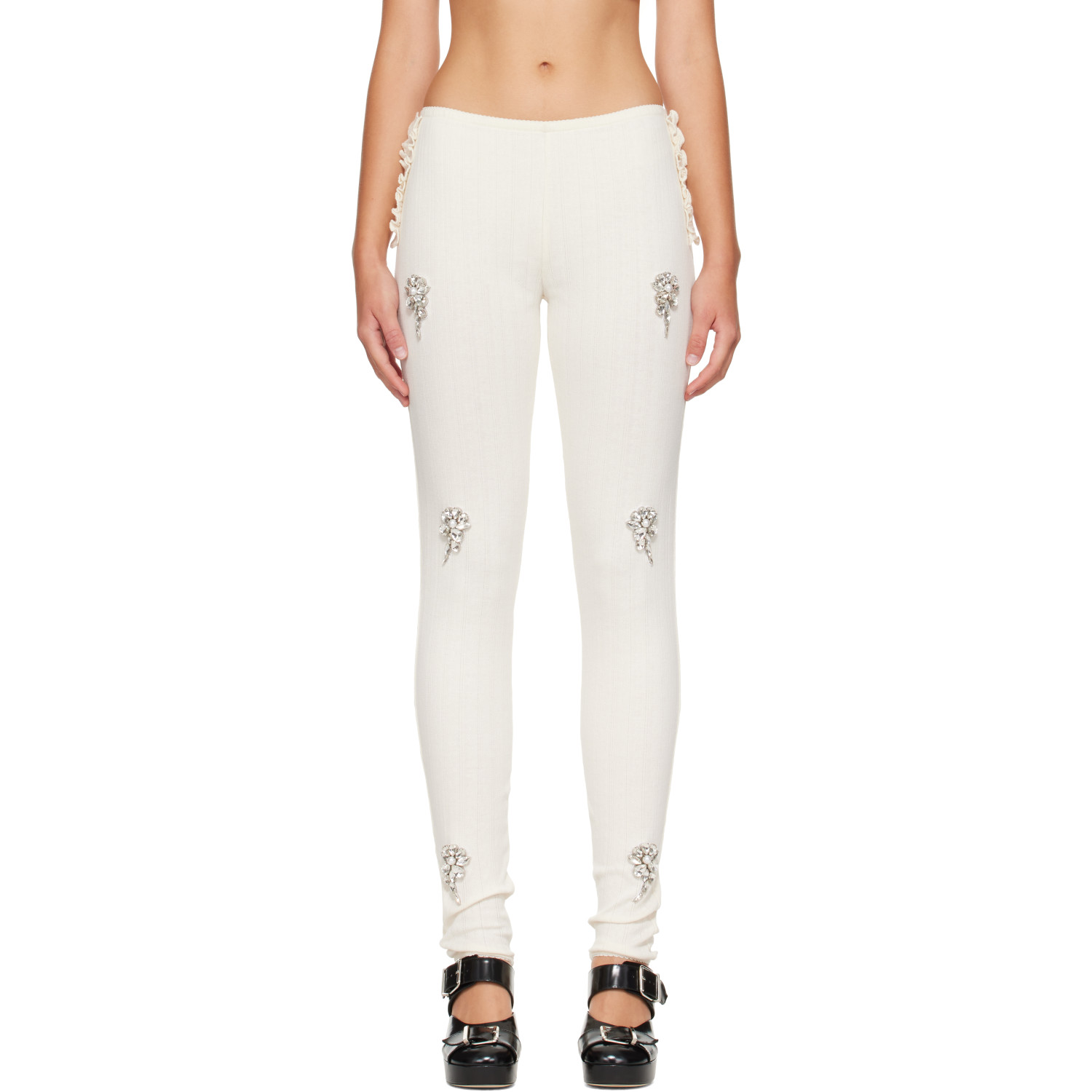 Simone Rocha Off-White Embellished Pointelle Ruffle Frill Leggings