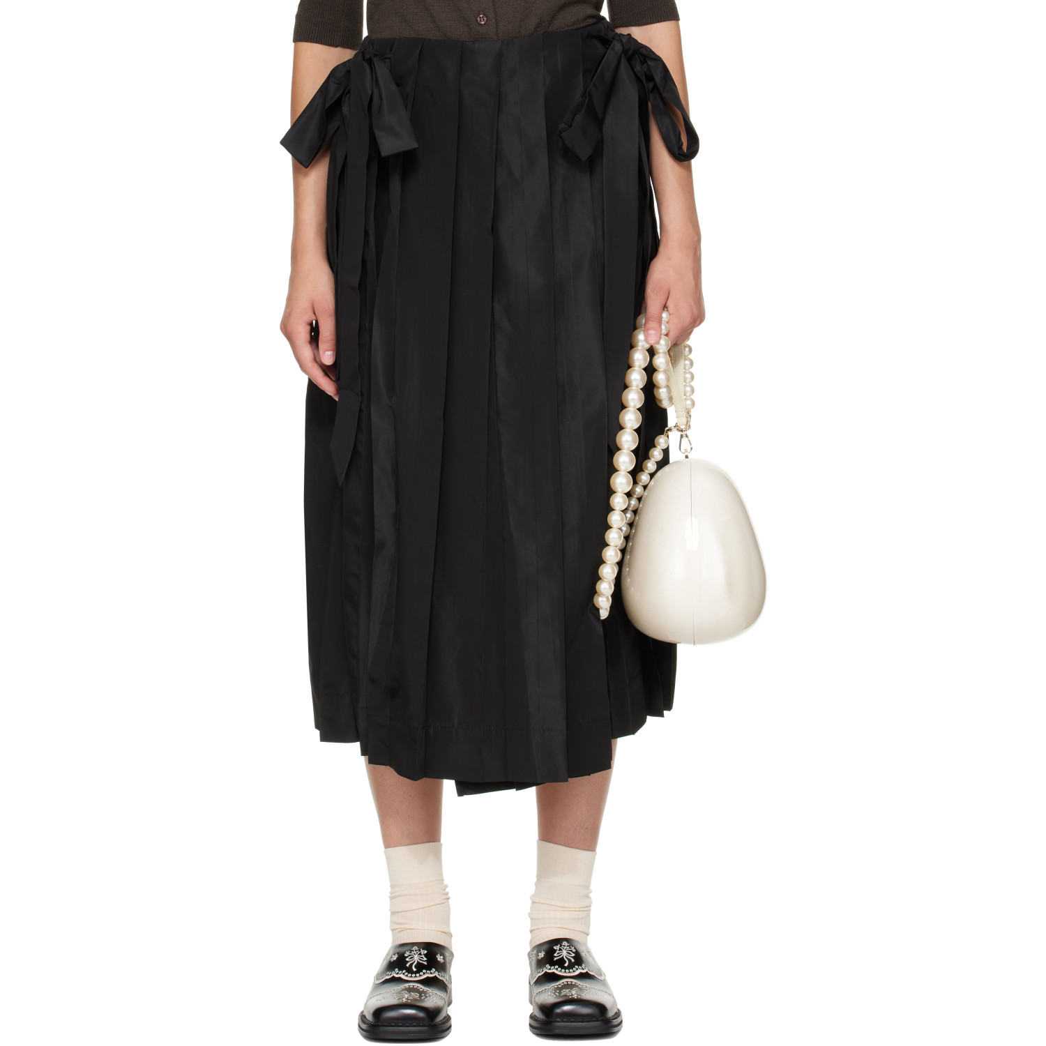 Simone Rocha Black Pleated Sheer Panel Wrap Midi Skirt