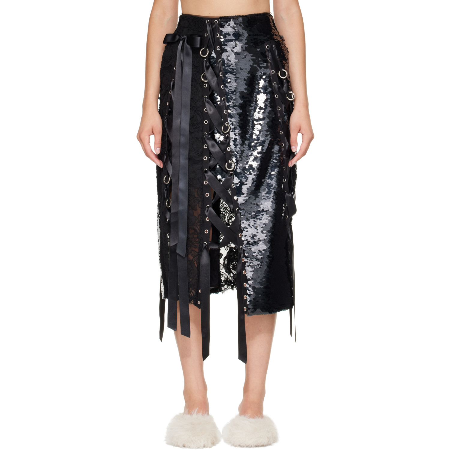 Simone Rocha Black Unraveling Ribbon Patch Work Ring Midi Skirt