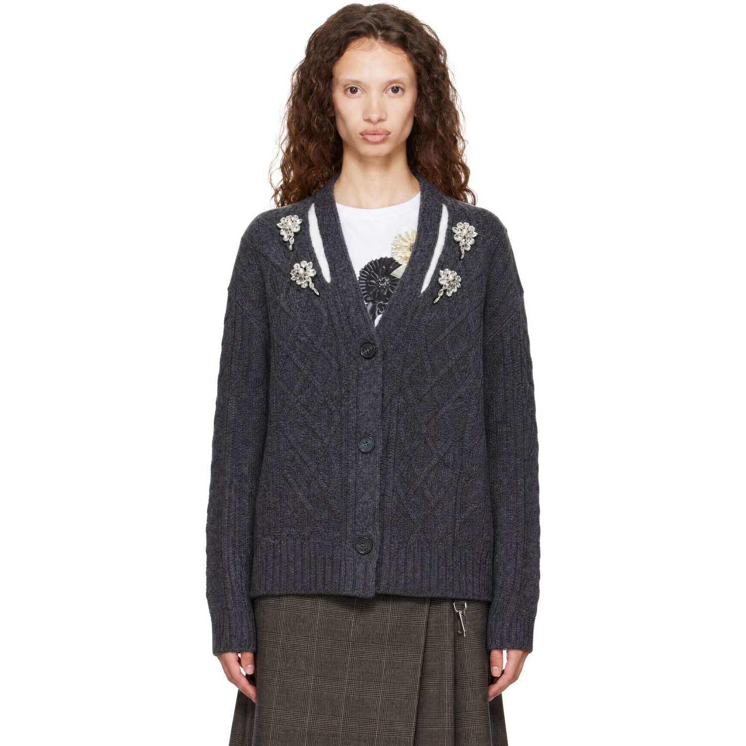 Simone Rocha Gray Embellished Cable Knit Slash Cardigan