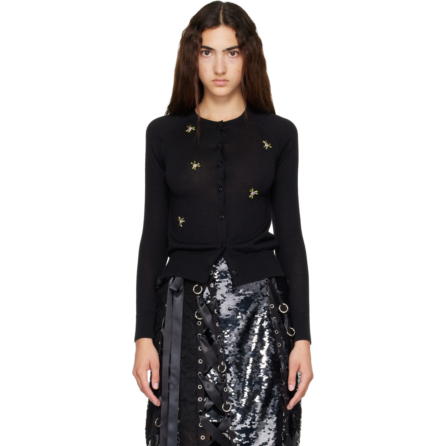 Simone Rocha Black Turbo Embellished Classic Merino Silk Cardigan