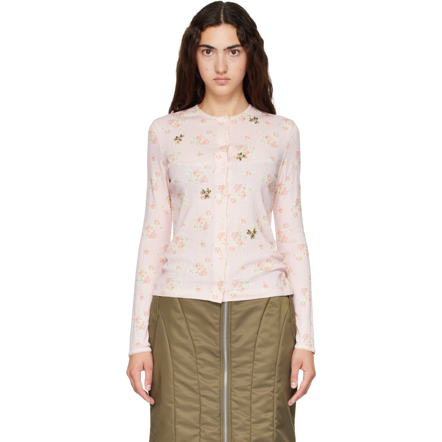 Simone Rocha Pink Embellished Pointelle Cardigan