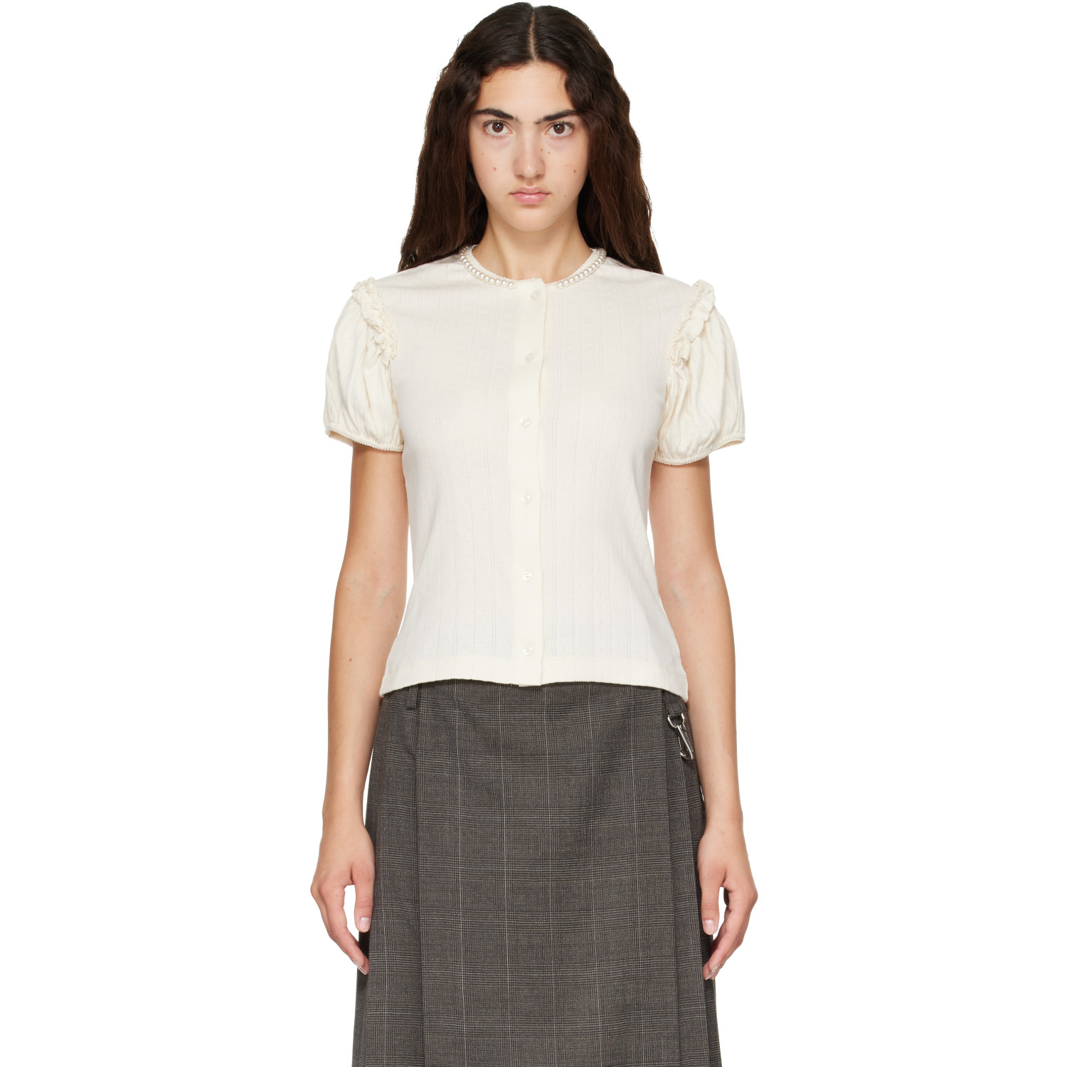 Simone Rocha Off-White Embellished Pointelle Puff Sleeve Cardigan