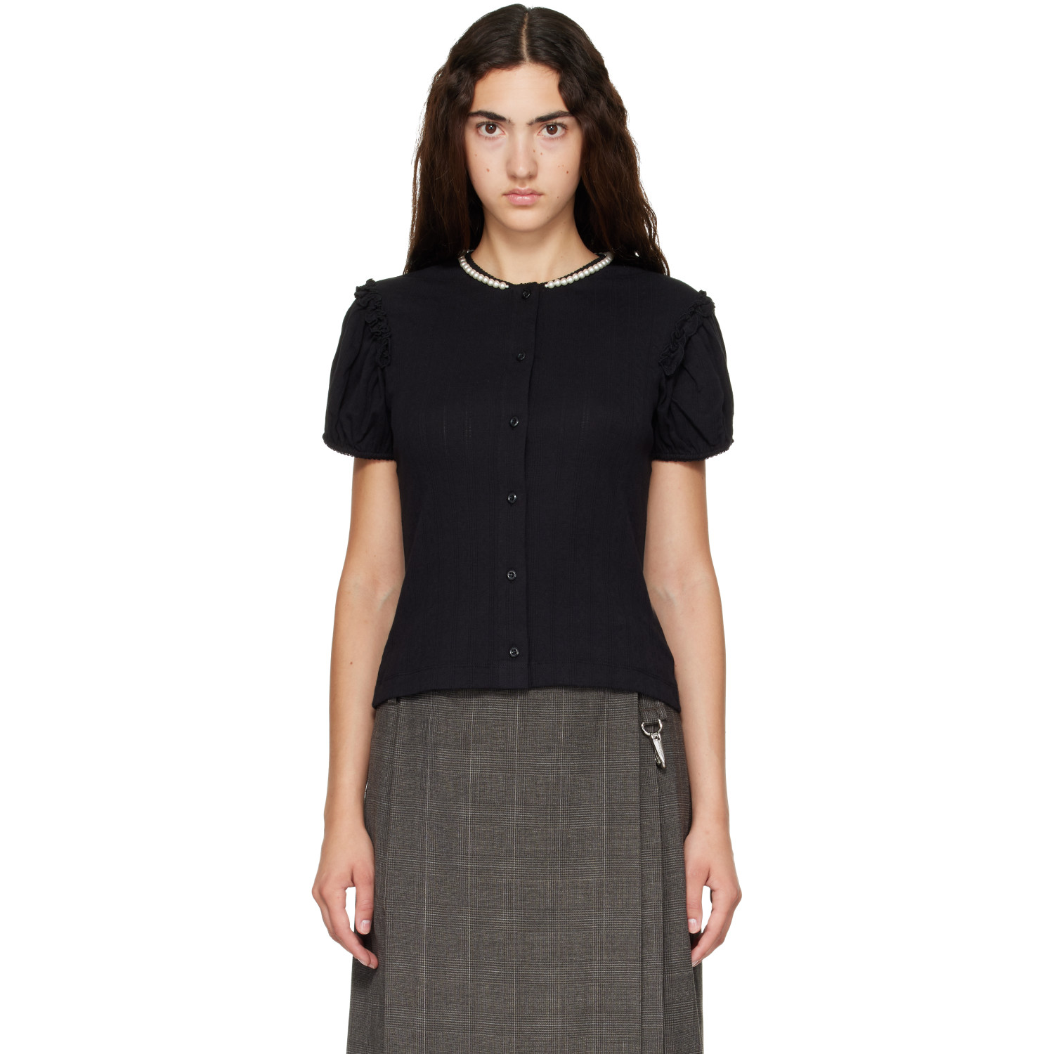 Simone Rocha Black Embellished Pointelle Puff Sleeve Cardigan