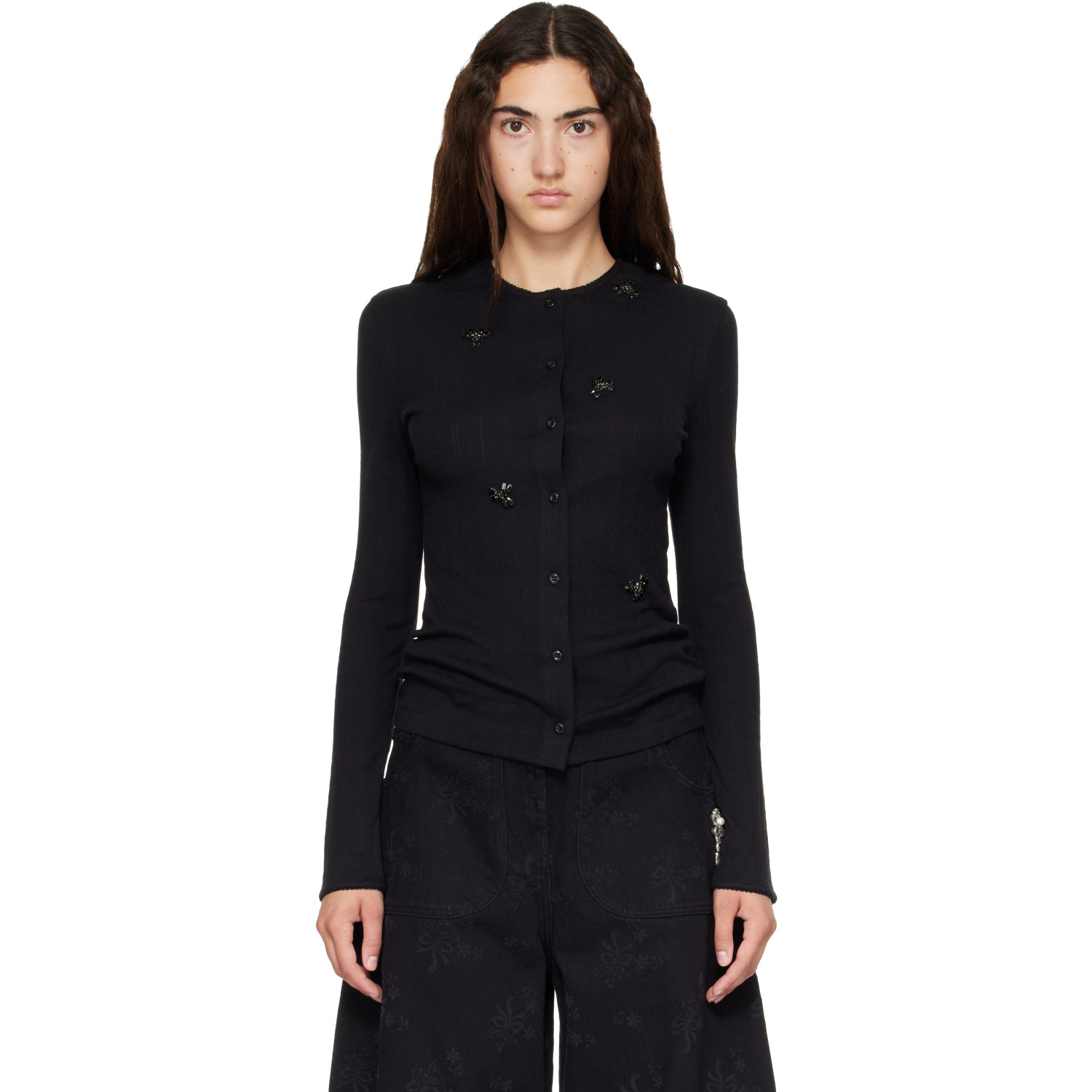 Simone Rocha Black Turbo Embellished Pointelle Cardigan