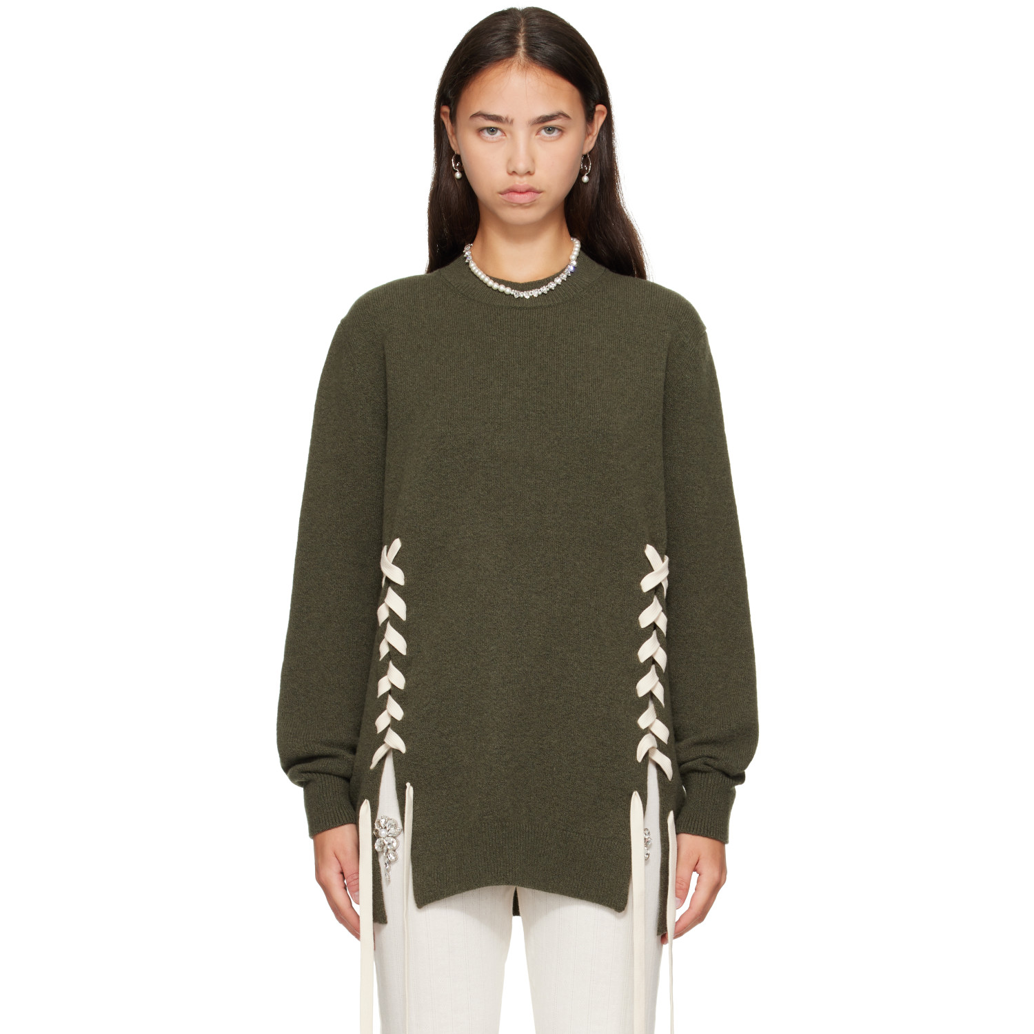 Simone Rocha Khaki Merino Lace Up Hem Jumper