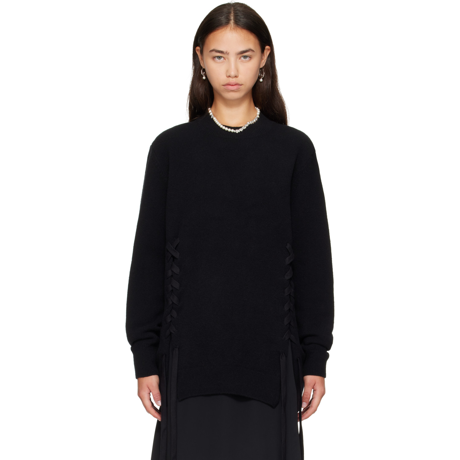Simone Rocha Black Merino Lace Up Hem Jumper