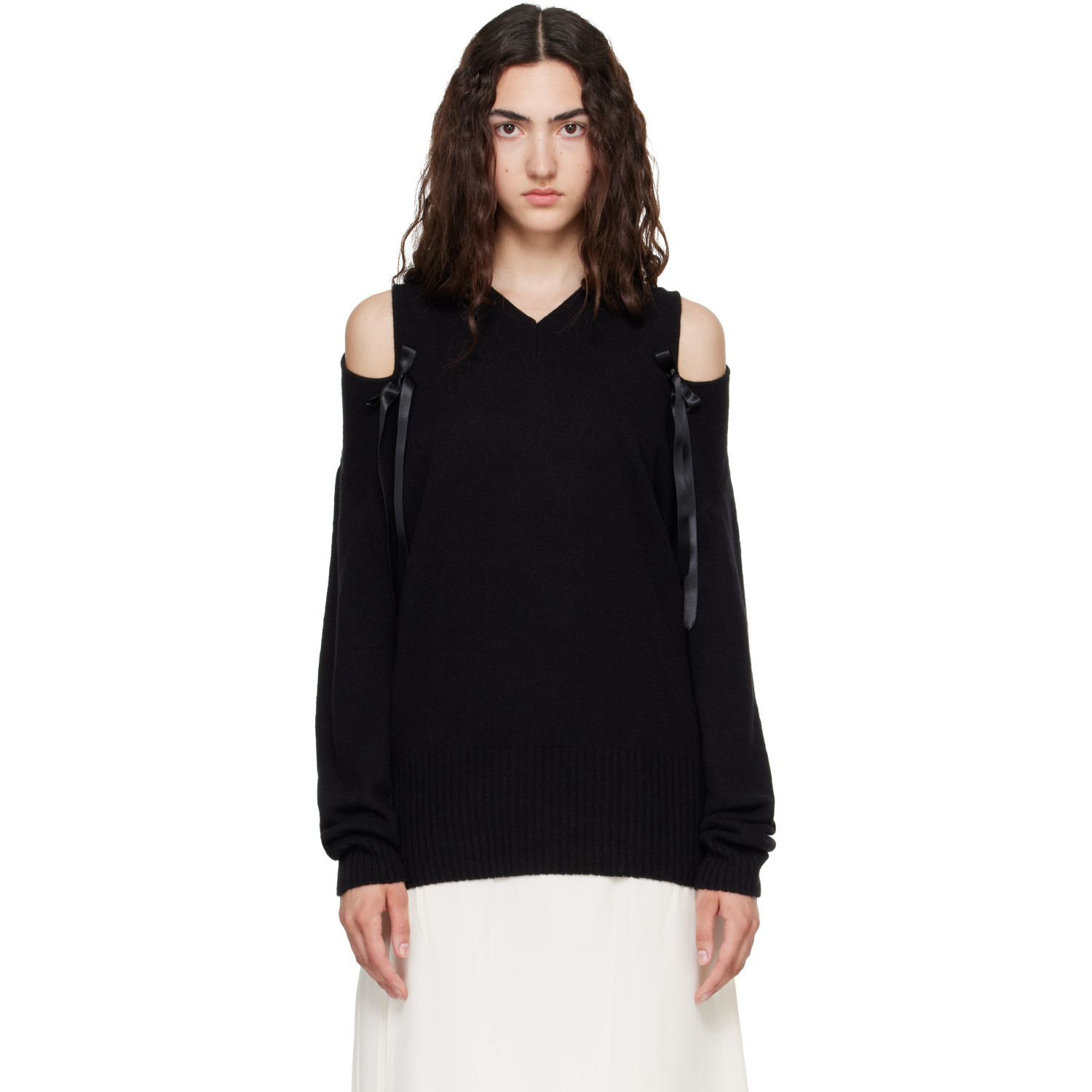 Simone Rocha Black Relaxed Cashmere Slash V-Neck Bow Sweater