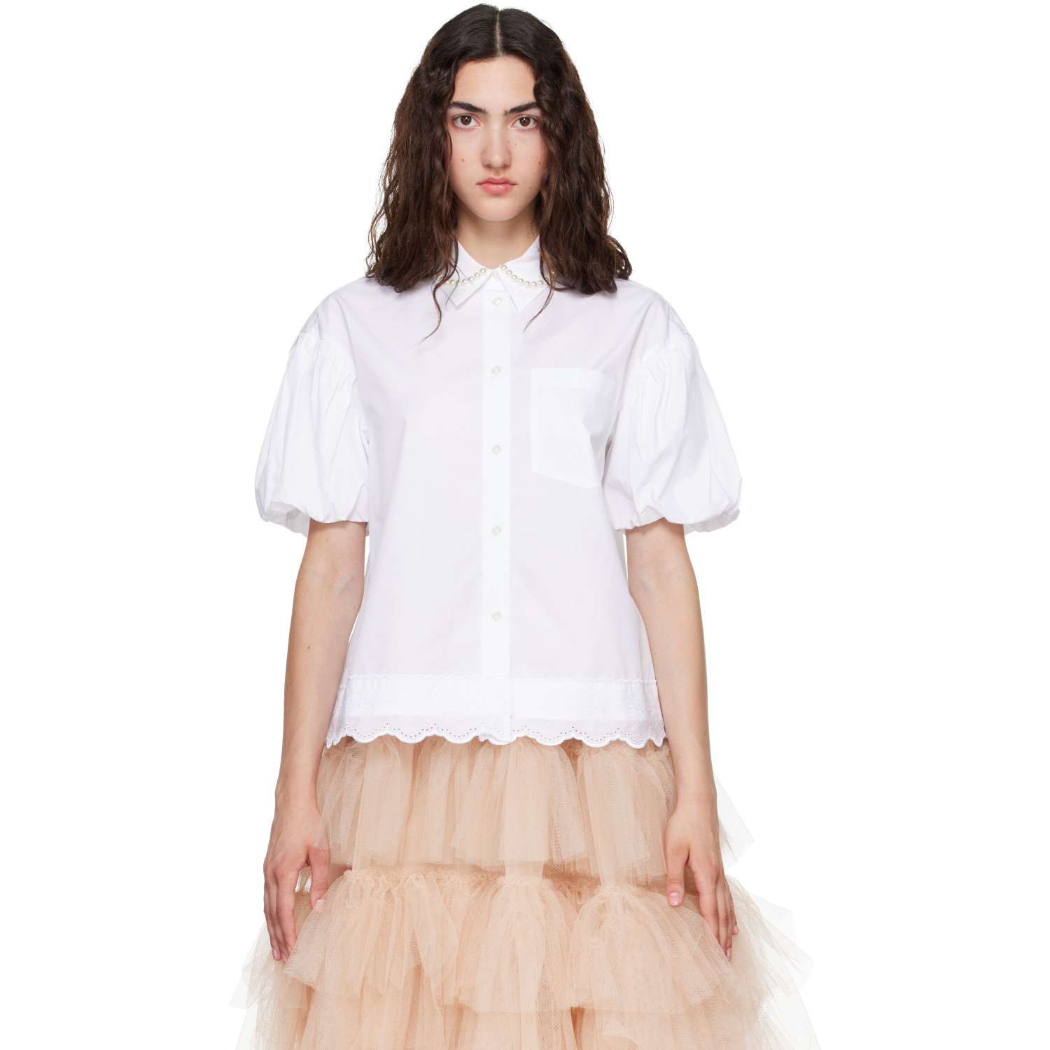 Simone Rocha White Cropped Puff Sleeve Lace Trim Shirt