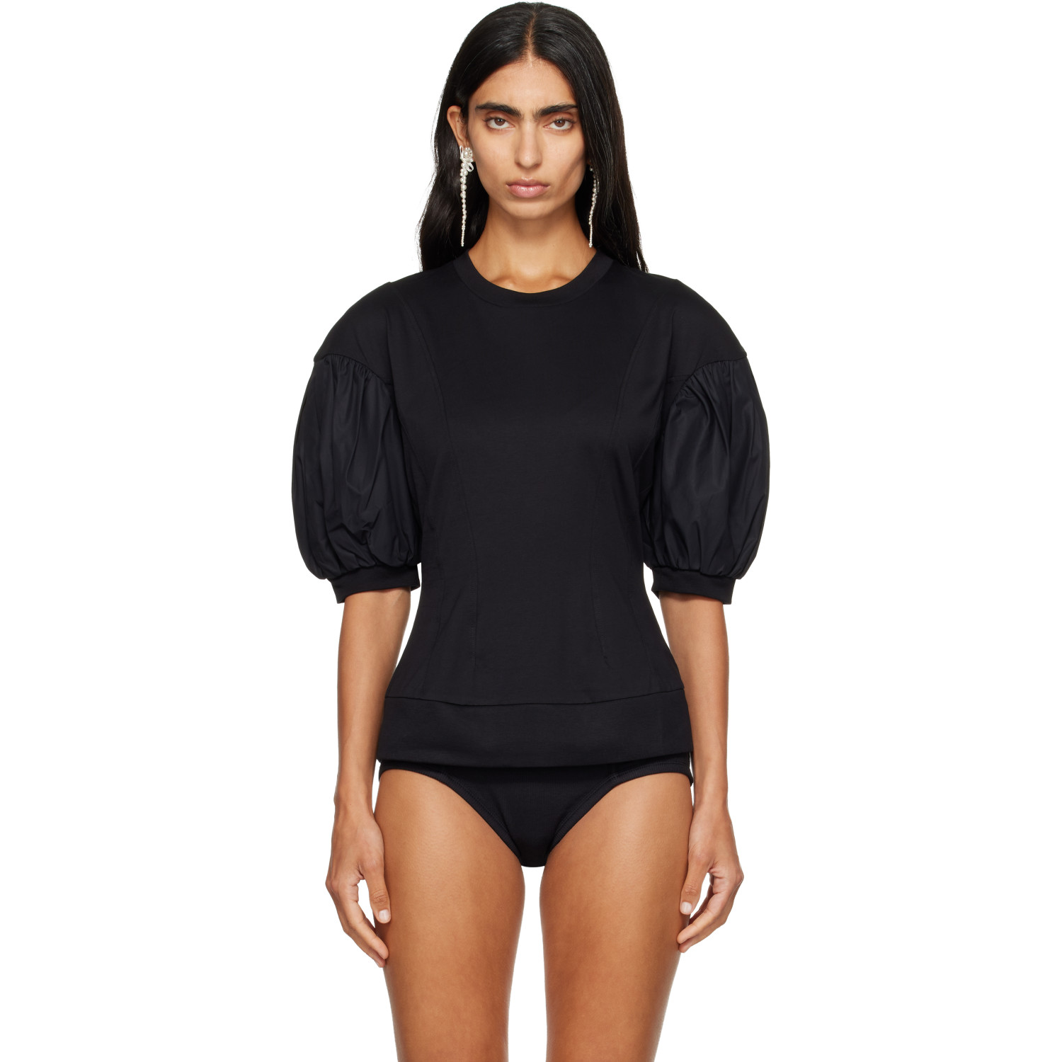 Simone Rocha Black Puff Sleeve Sculpted Contrast T-shirt