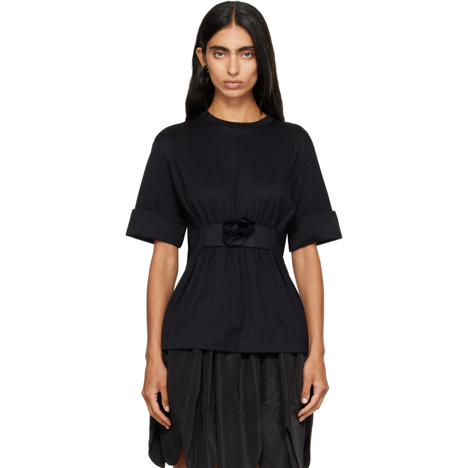 Simone Rocha Black Gathered Rose Wire Sleeve Boy T-shirt