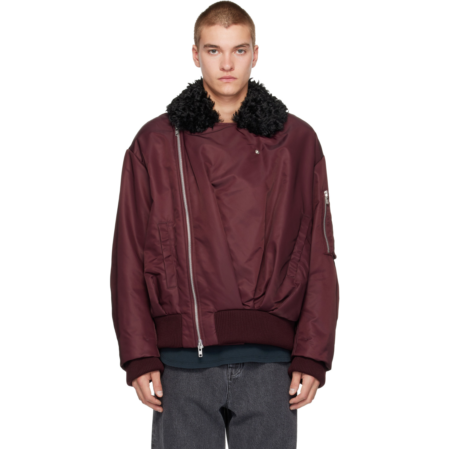 Simone Rocha Burgundy Draped Faux Fur Bomber Jacket