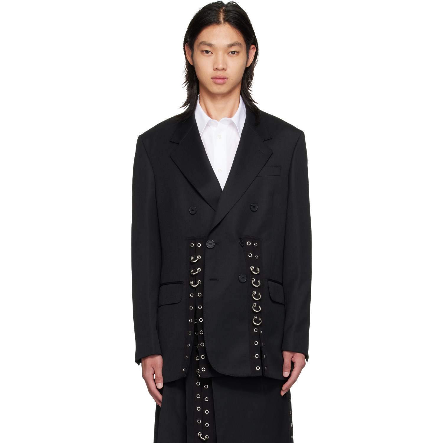 Simone Rocha Black Double Breasted Grommet Ring Hem Slice Blazer