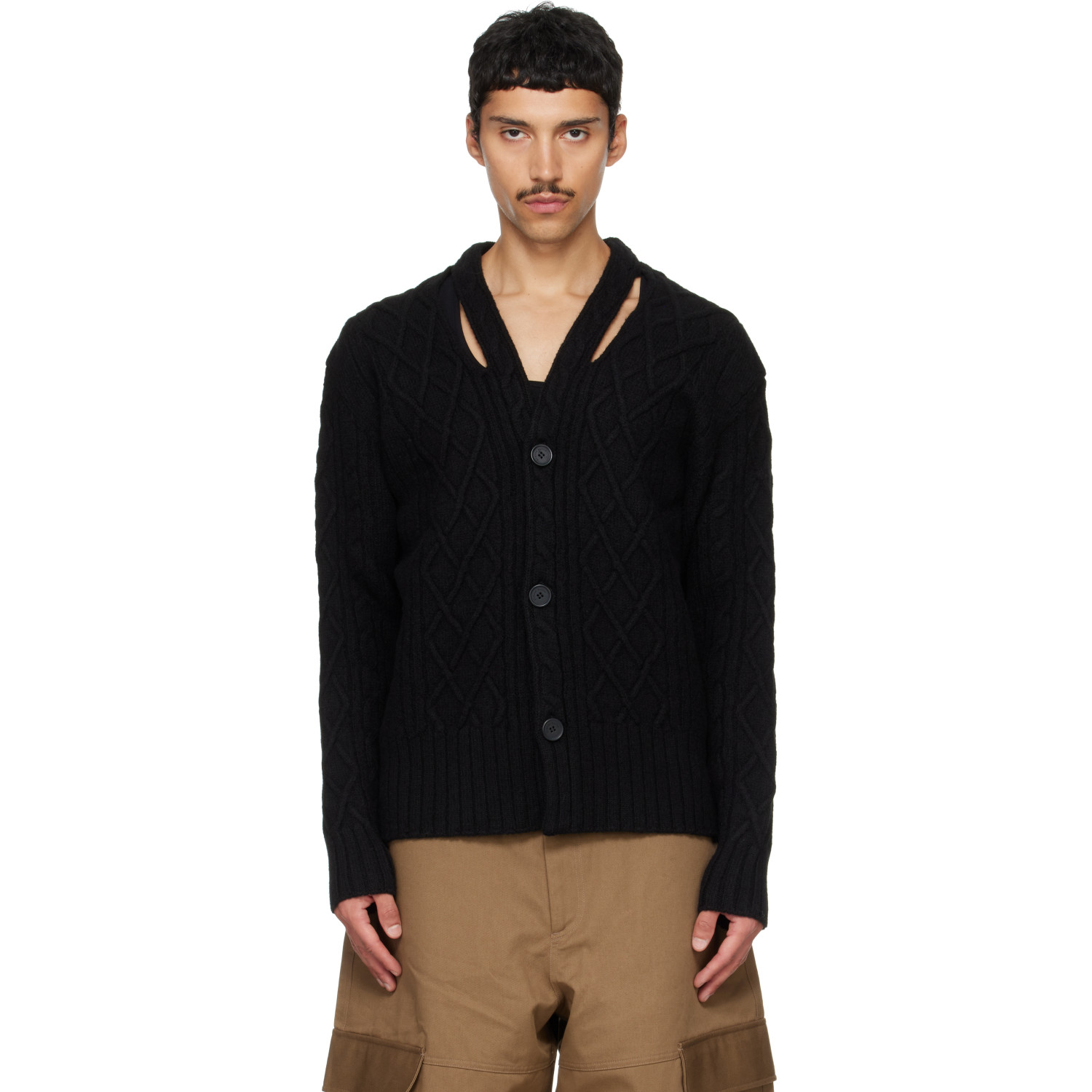 Simone Rocha Black Cable Knit Slash Cardigan