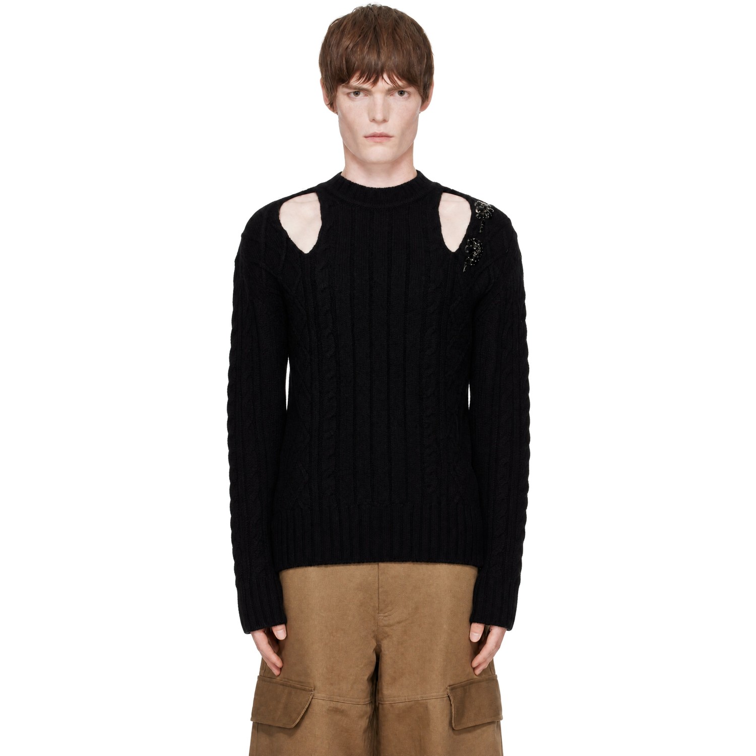 Simone Rocha Black Embellished Cable Knit Slash Sweater