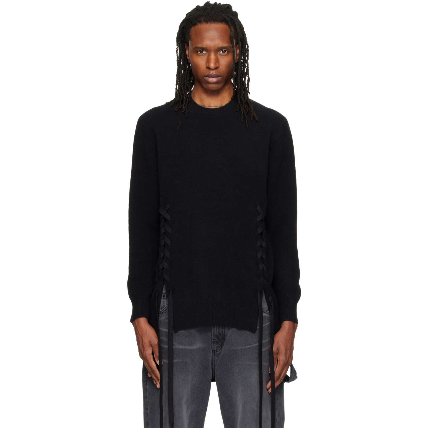 Simone Rocha Black Merino Lace Up Hem Sweater