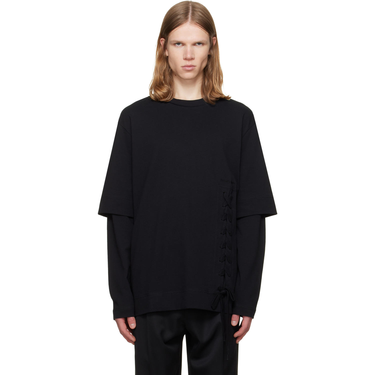Simone Rocha Black Lace Up Hem Layered Long Sleeve T-shirt