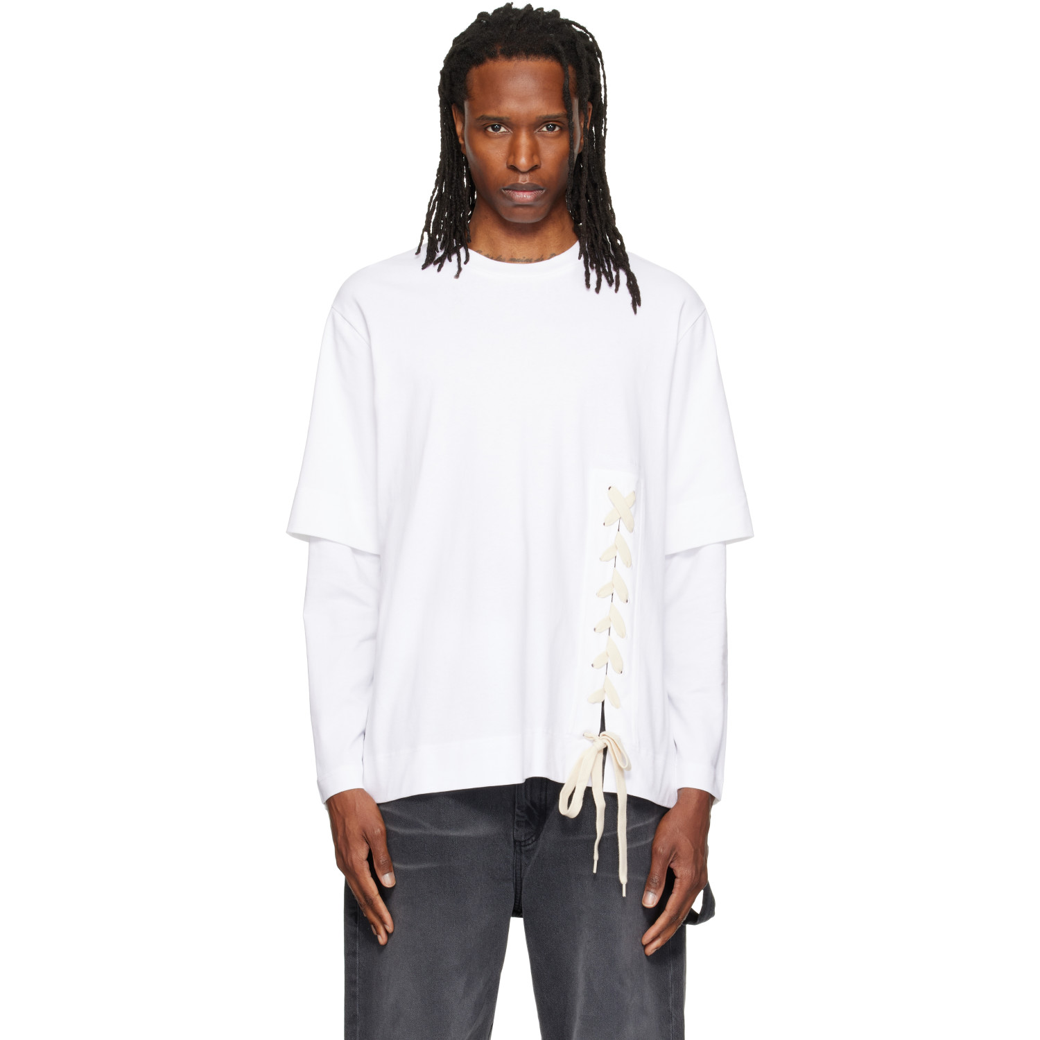 Simone Rocha White Lace Up Hem Layered Long Sleeve T-shirt