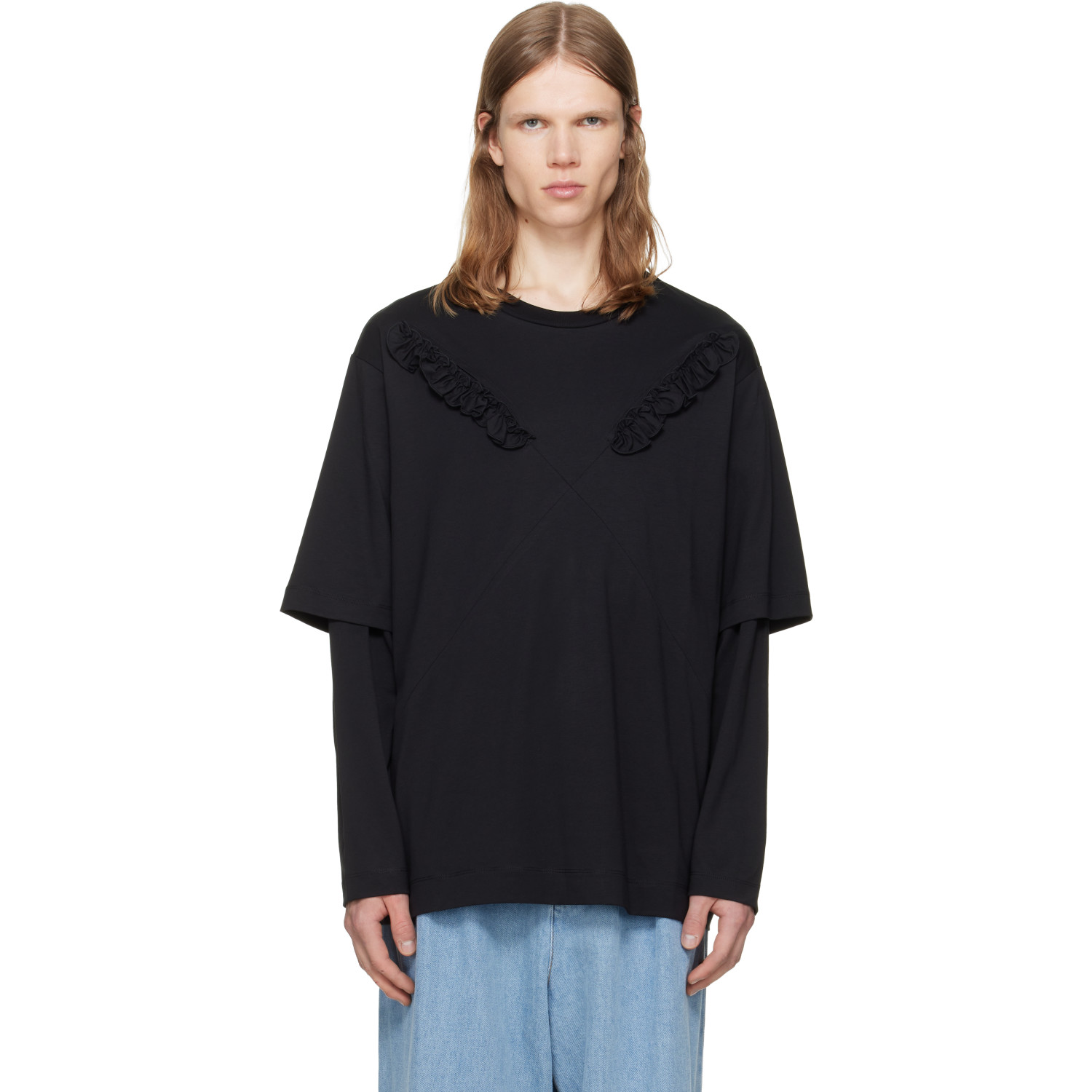 Simone Rocha Black Ruffle Slash Layered Long Sleeve T-shirt