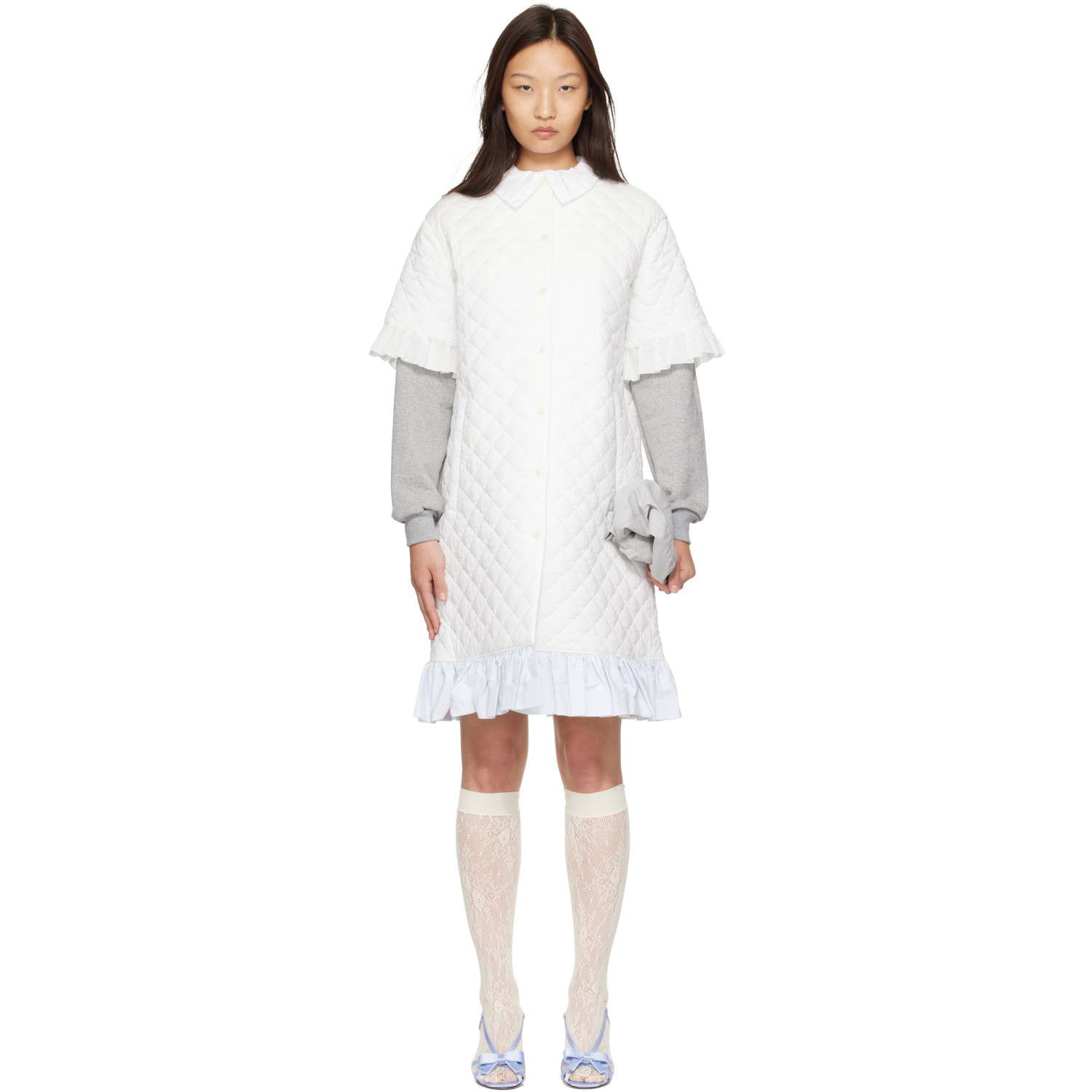 Ans Dotsloevner White Quilting Long Coat Midi Dress