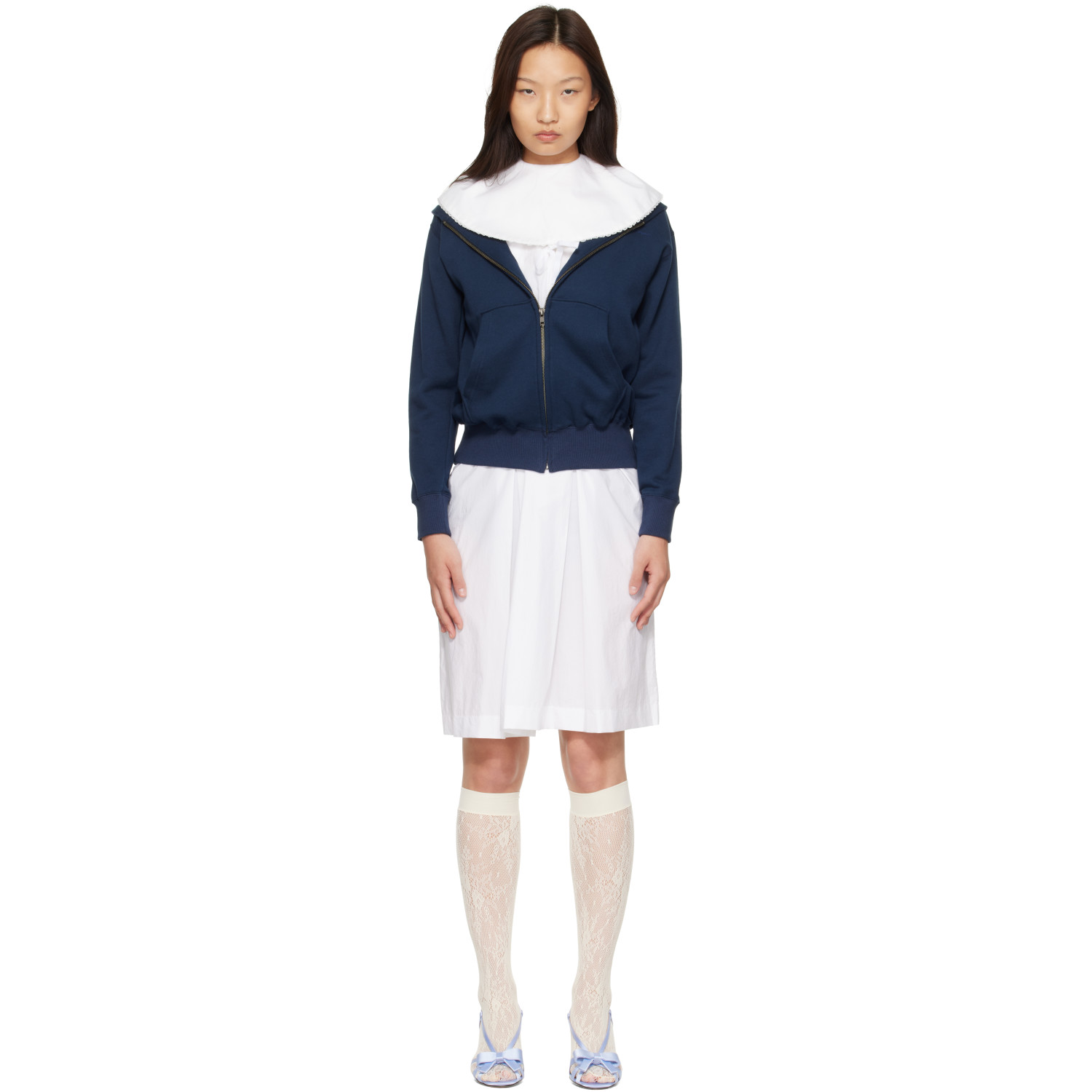 Ans Dotsloevner White & Navy Docking Plated Collar Midi Dress Set