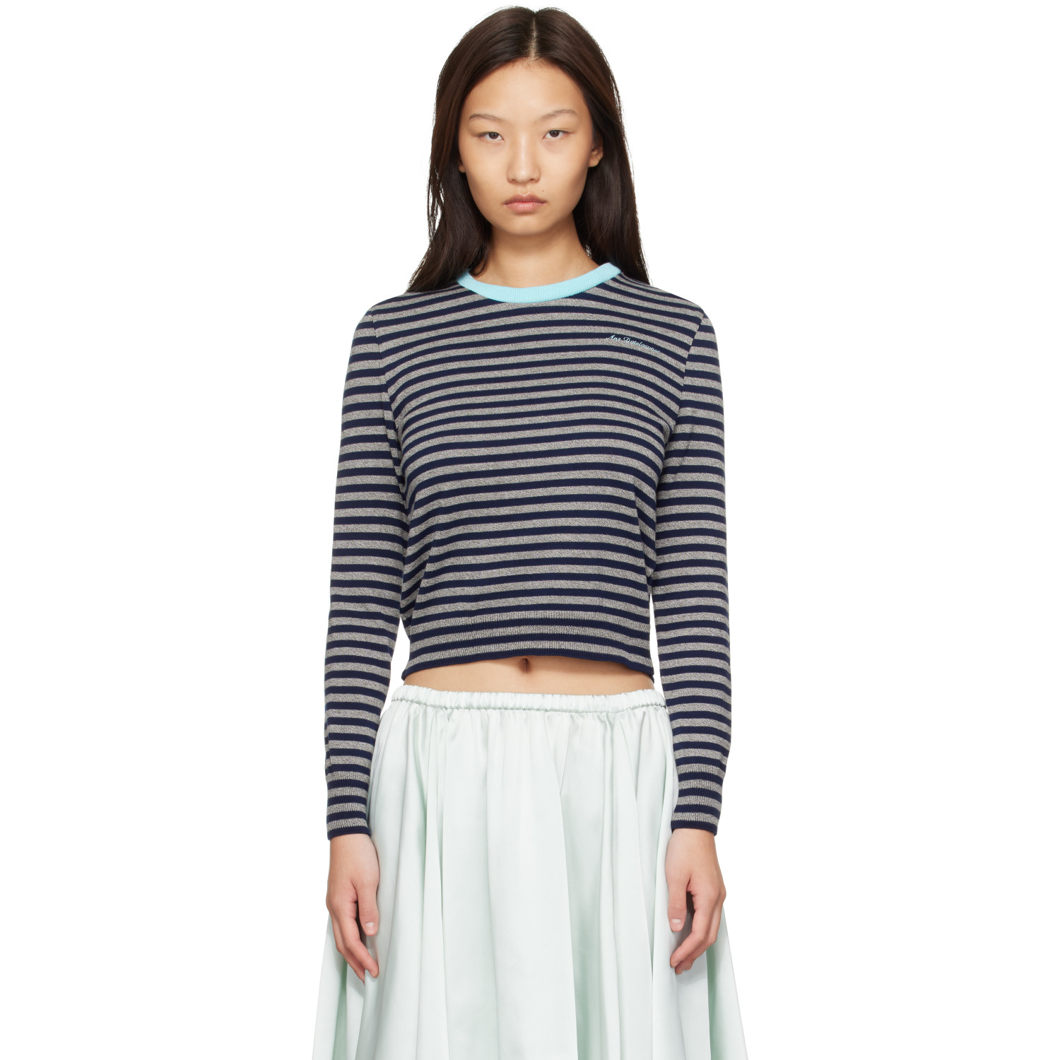Ans Dotsloevner Gray & Navy Knitted Striped Long Sleeve Sweater